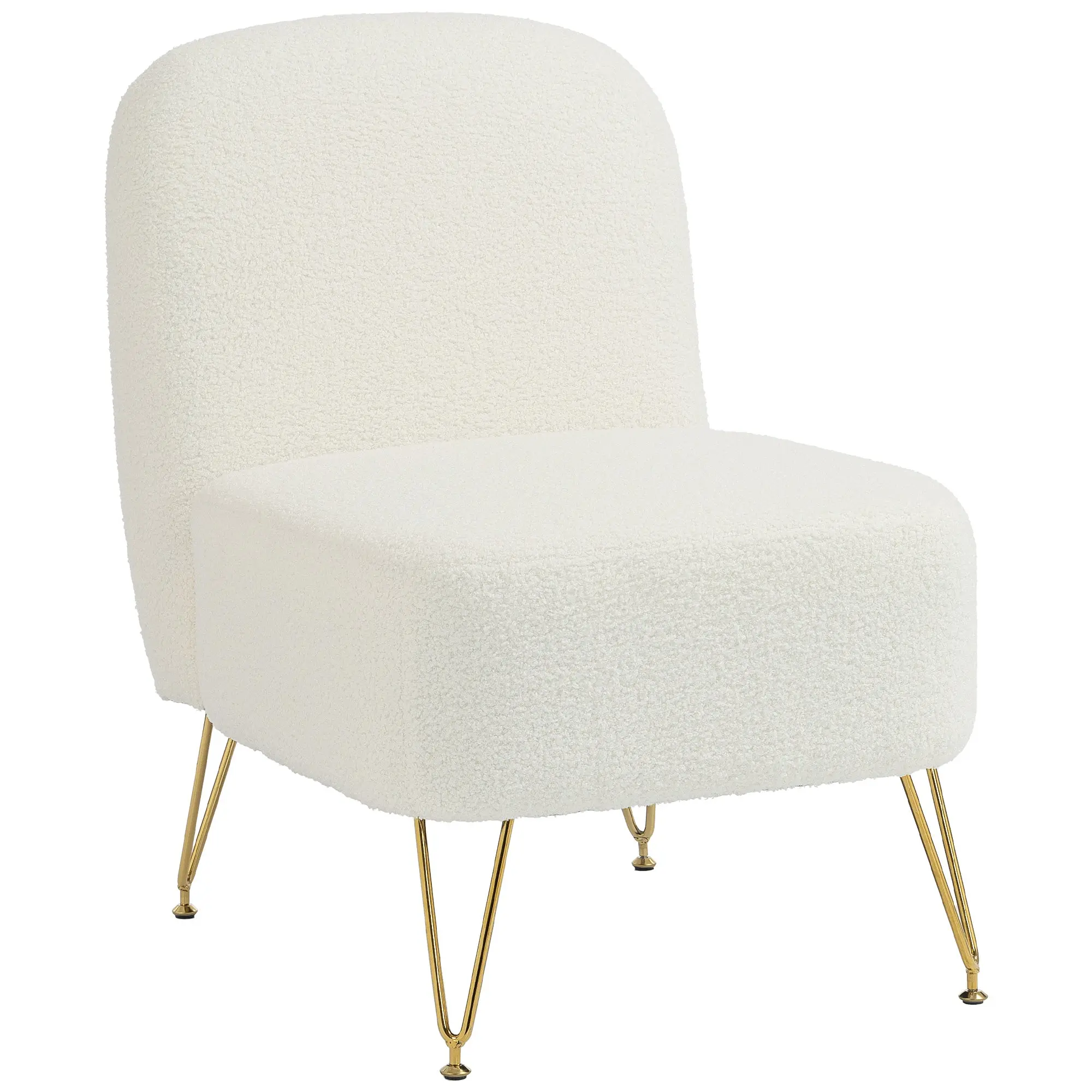 Fauteuil Salon Sans Accoudoirs, Fauteuil d'Appoint Rembourré en Tissu Bouclette, Coussin Épais, Assise Large, Pieds en Métal Doré, Style Moderne, Chaise de Salon, Chambre, Coins Lecture, Blanc