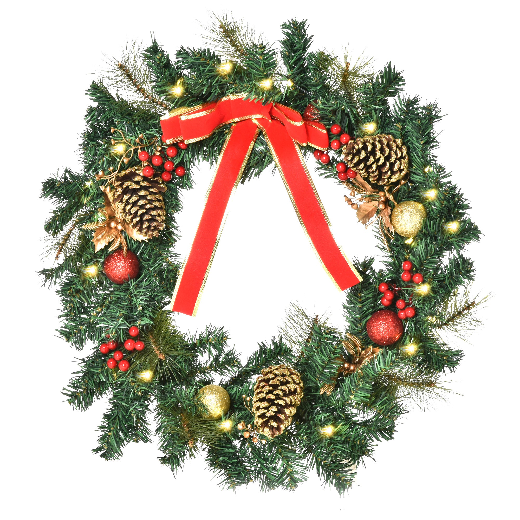 Couronne de Noël artificielle lumineuse avec 20 LED de 60 cm - décorée de houx et de pommes de pin