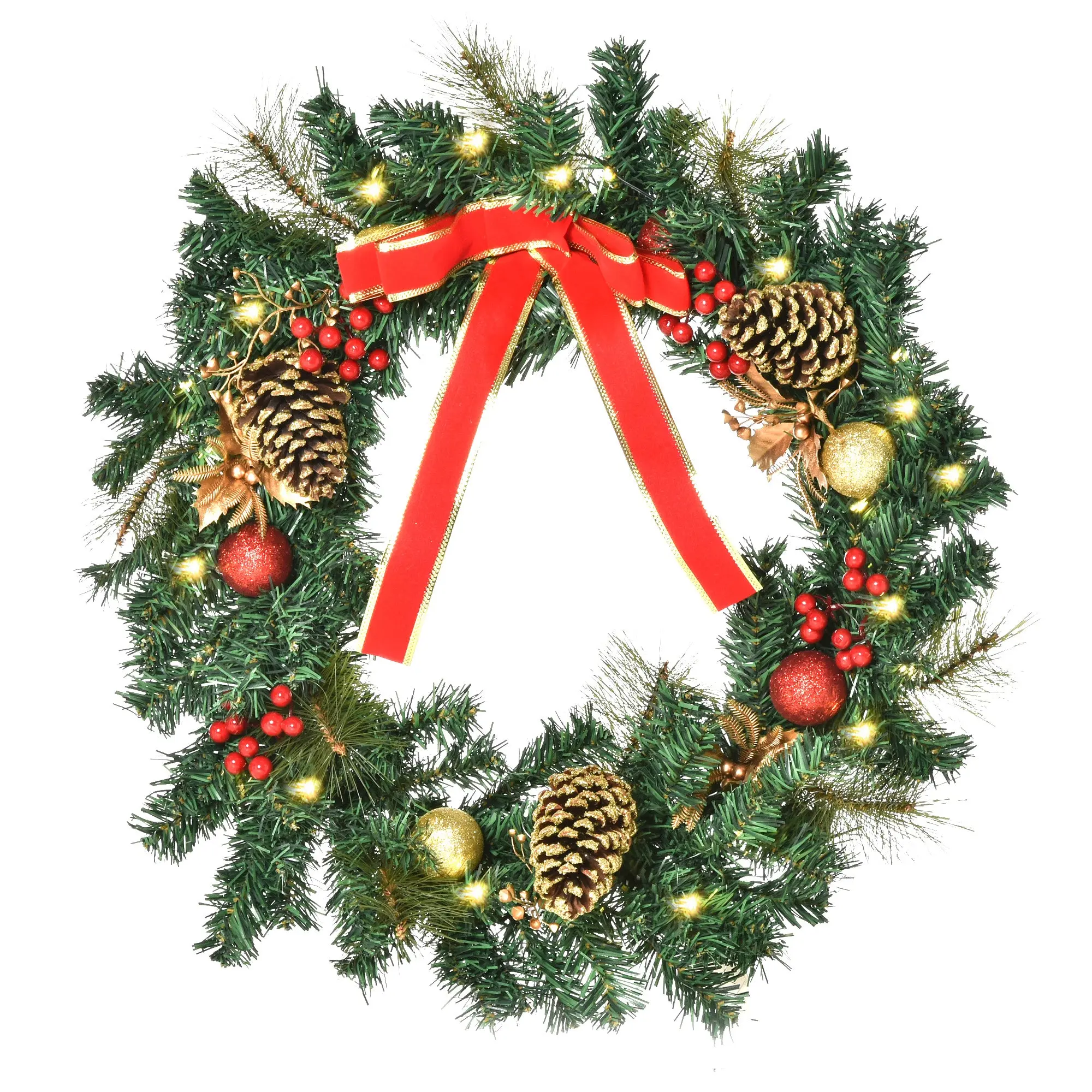 Couronne de Noël artificielle lumineuse avec 20 LED de 60 cm - décorée de houx et de pommes de pin