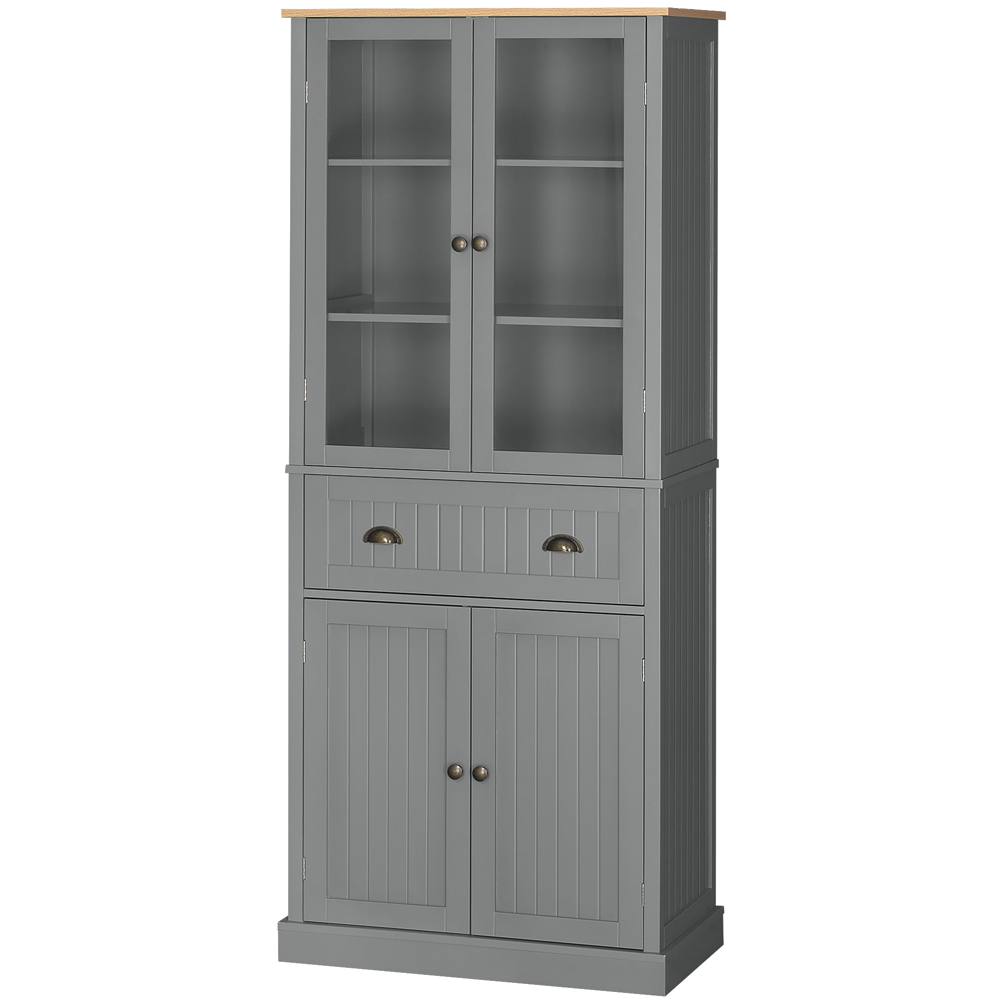 Buffet meuble cuisine rangement armoire de cuisine 4 portes dont 2 portes vitrées et 1 tiroir hauteur 182,5 cm avec étagères réglables - gris