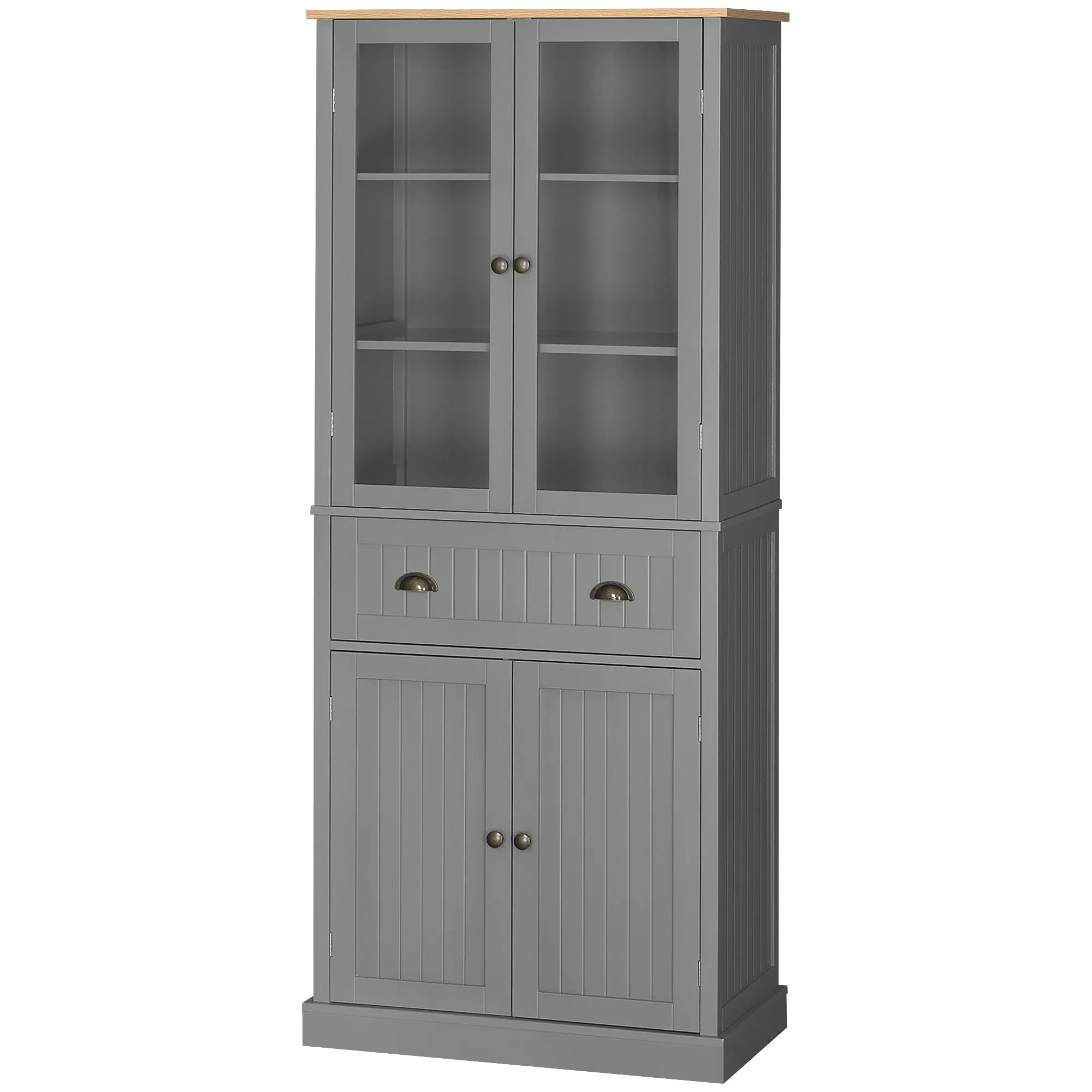 Buffet meuble cuisine rangement armoire de cuisine 4 portes dont 2 portes vitrées et 1 tiroir hauteur 182,5 cm avec étagères réglables - gris