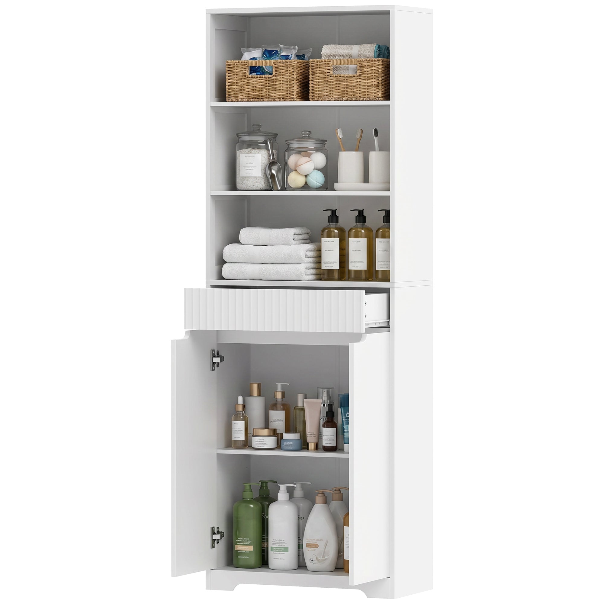 Meuble de salle de bain haut, meuble de rangement avec 2 portes à fermeture douce, tiroir, 3 compartiments ouverts et étagères réglables, style moderne, pour salon, chambre, 60x30x171cm, blanc
