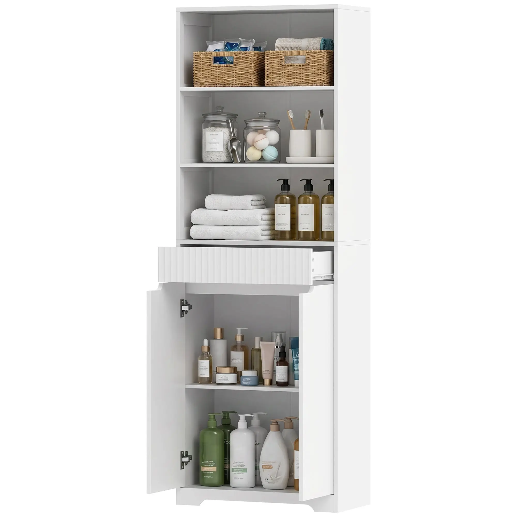 Meuble de salle de bain haut, meuble de rangement avec 2 portes à fermeture douce, tiroir, 3 compartiments ouverts et étagères réglables, style moderne, pour salon, chambre, 60x30x171cm, blanc