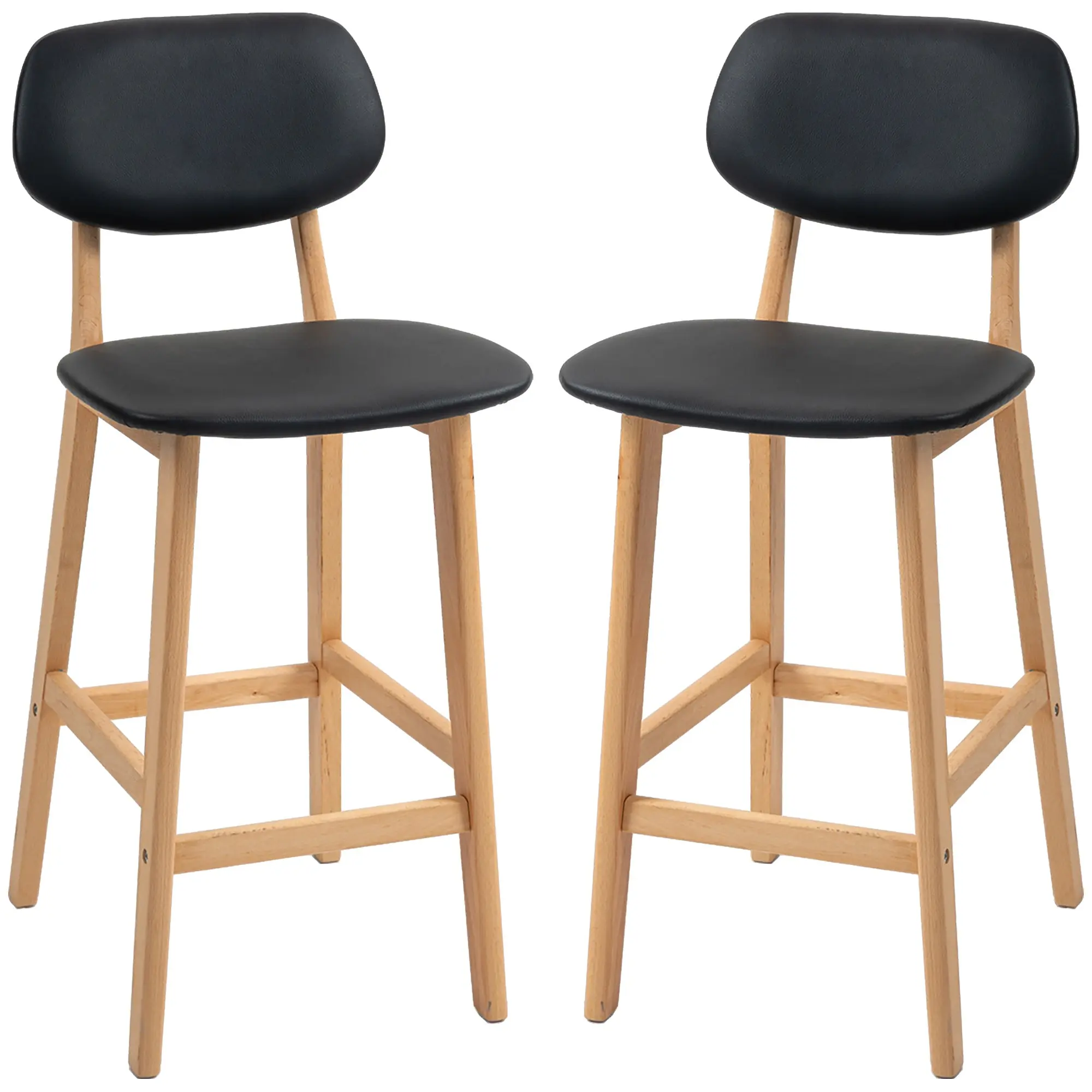 Lot de 2 tabourets de bar, chaises de bar modernes rembourré, assise 65 cm, dossier, repose-pieds et pieds en bois, tabourets de cuisine en cuir synthétique, pour salle à manger, cuisine, noir