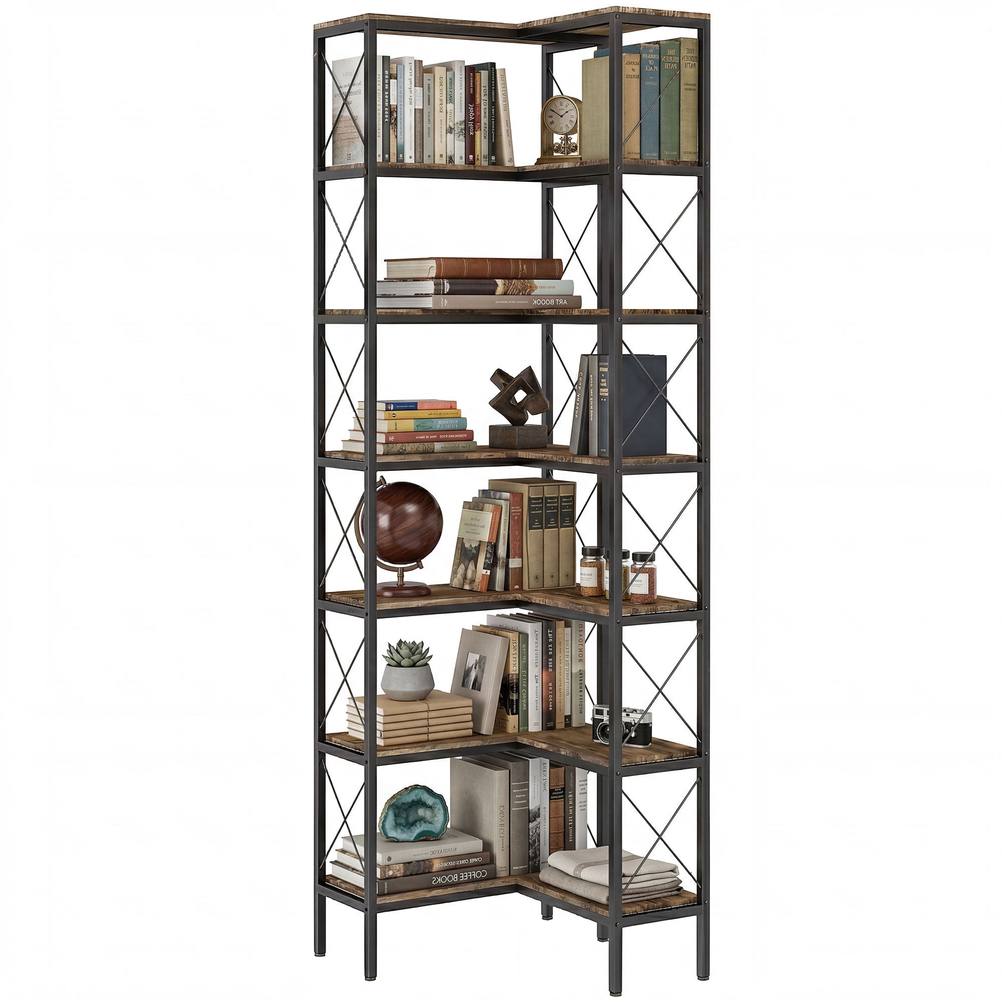 Bibliothèque d'angle à 6 niveaux, étagère à livres, meuble de rangement industriel pour salon, chambre, bureau, cadre en métal, 60 x 60 x 200 cm, brun rustique