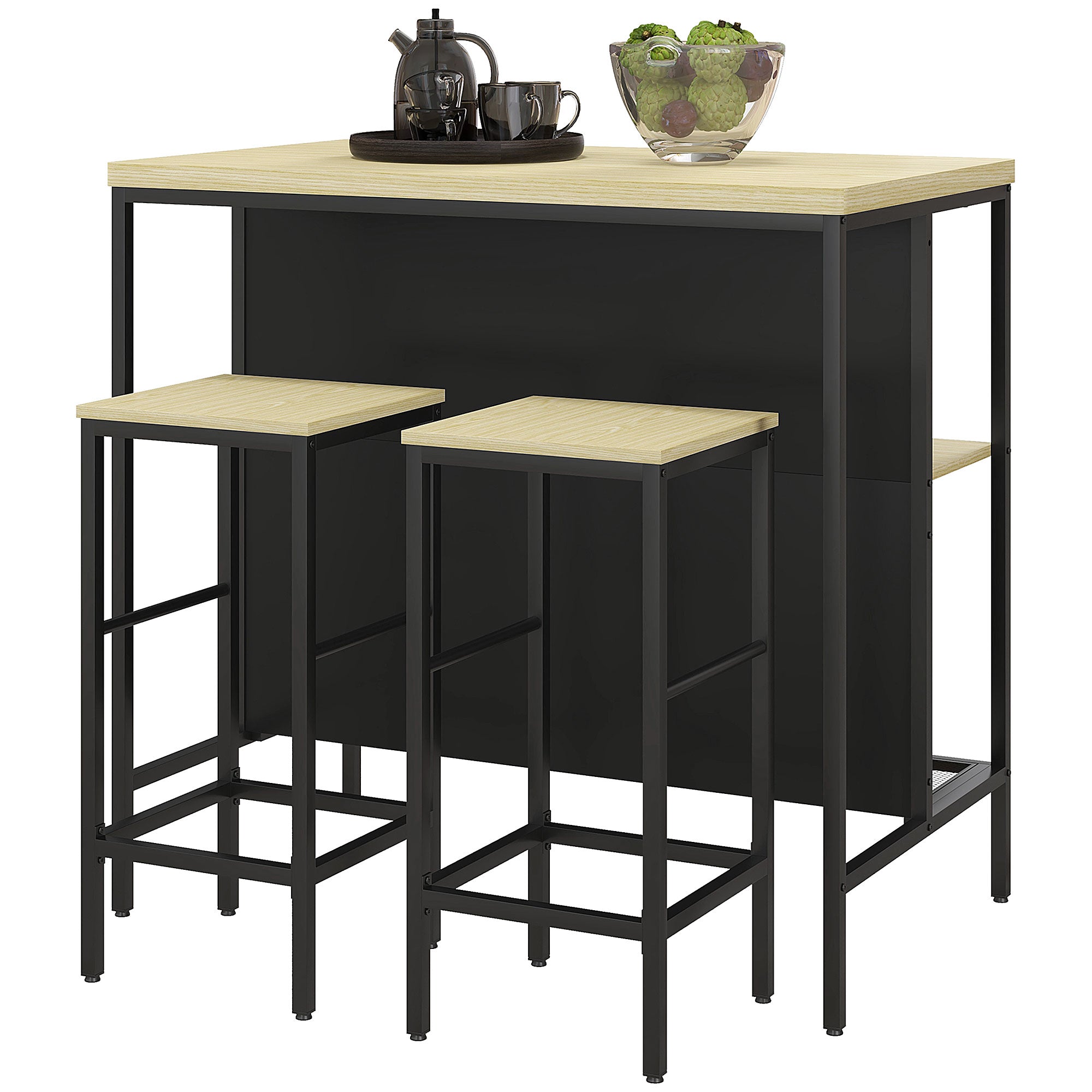 Ensemble table de bar et 2 tabourets style industriel avec étagère de rangement, repose-pieds, métal noir et aspect bois