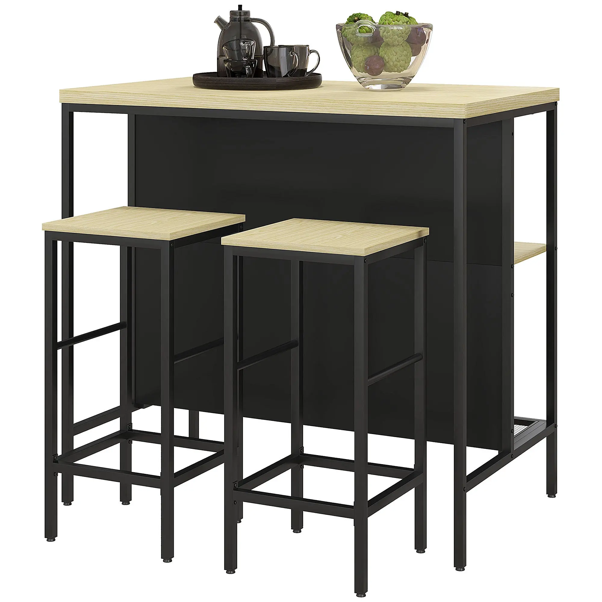 Ensemble table de bar et 2 tabourets style industriel avec étagère de rangement, repose-pieds, métal noir et aspect bois
