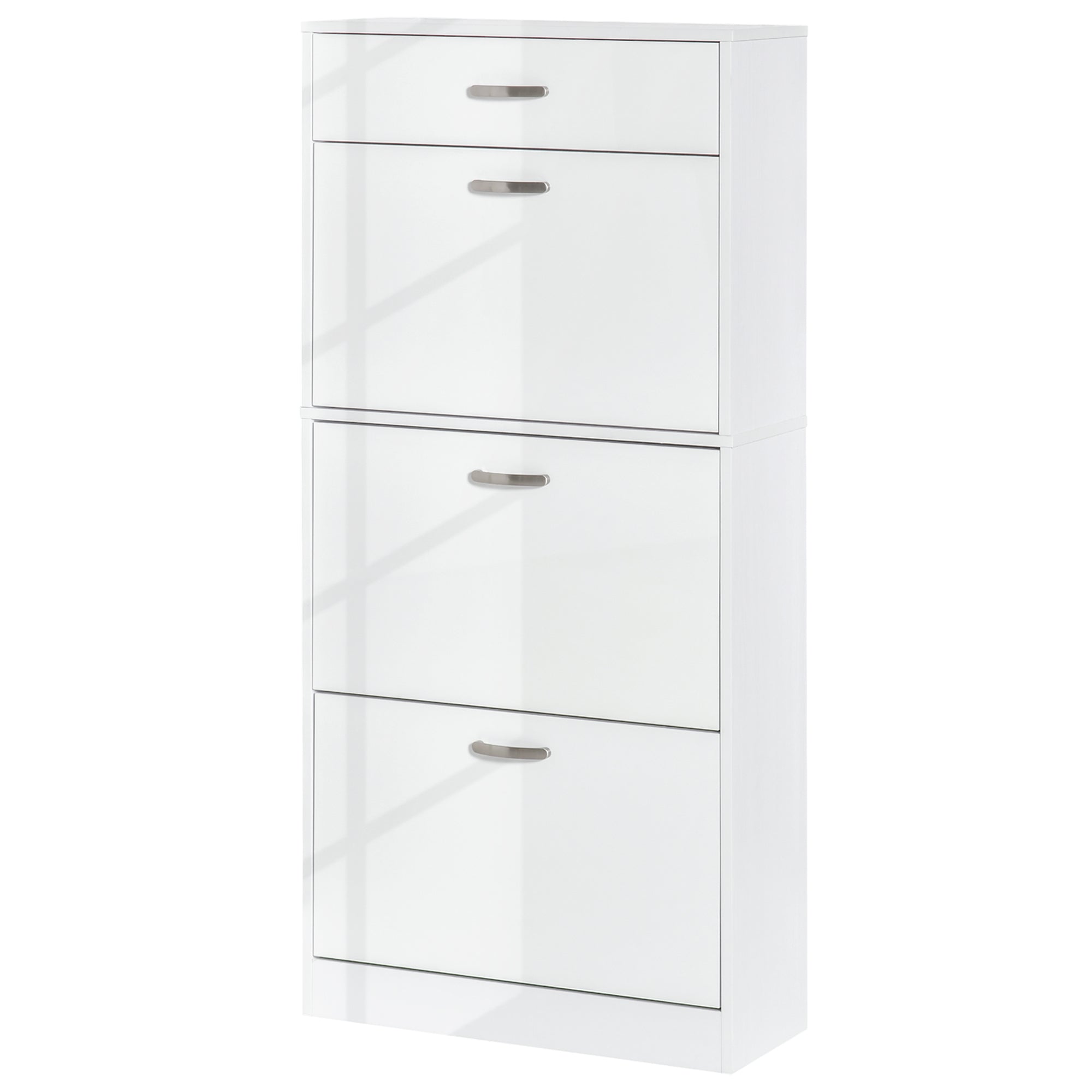 Meuble à Chaussures - 3 Portes abattantes et tiroir Coulissant - dim. 62L x 24l x 135H cm - poignées alu. Panneaux Particules Blanc