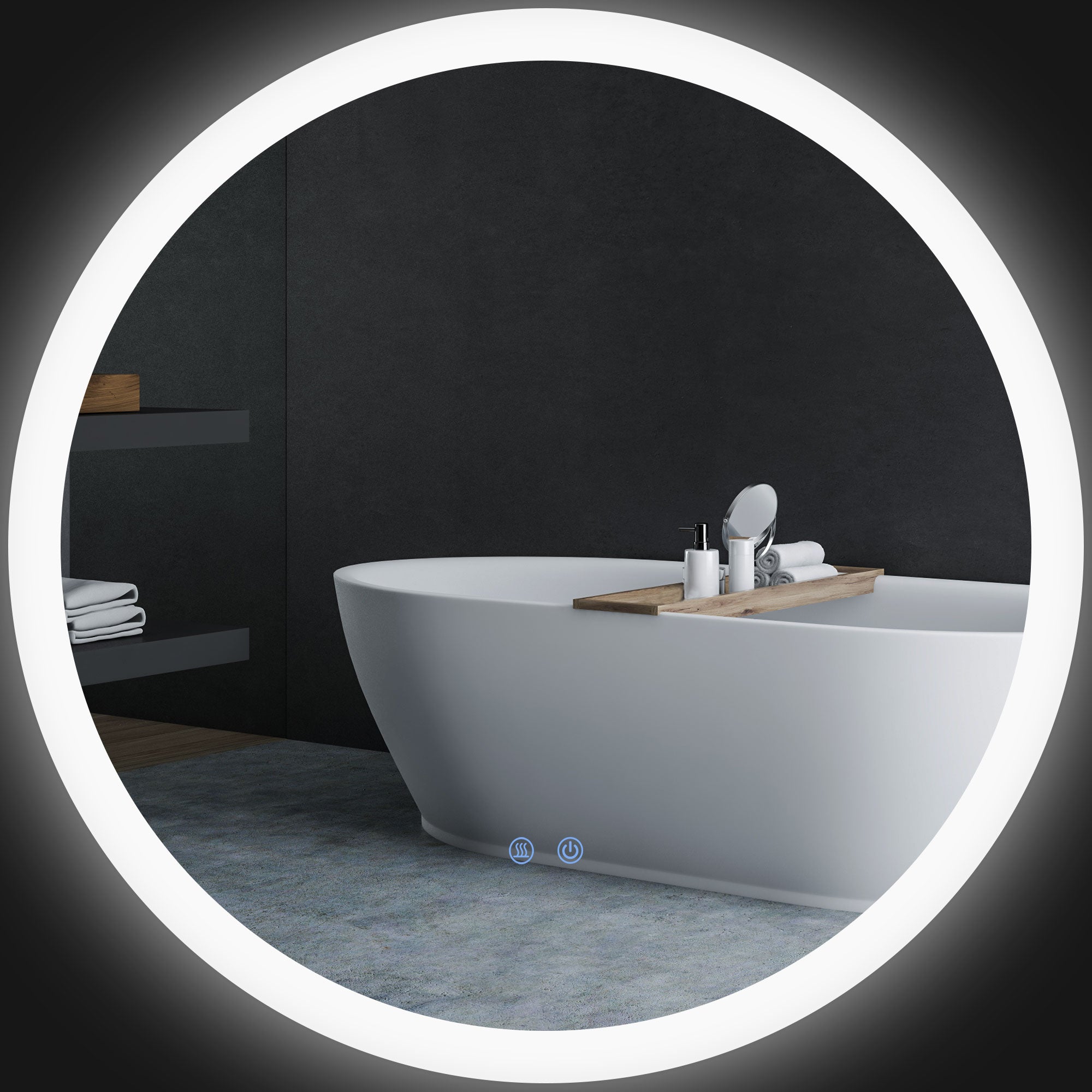 Miroir rond salle de bain avec éclairage LED  70 cm, miroir mural 35W avec anti-buée, 3 couleurs réglables, dimmable, interrupteur tactile, fonction mémoire, blanc et argent