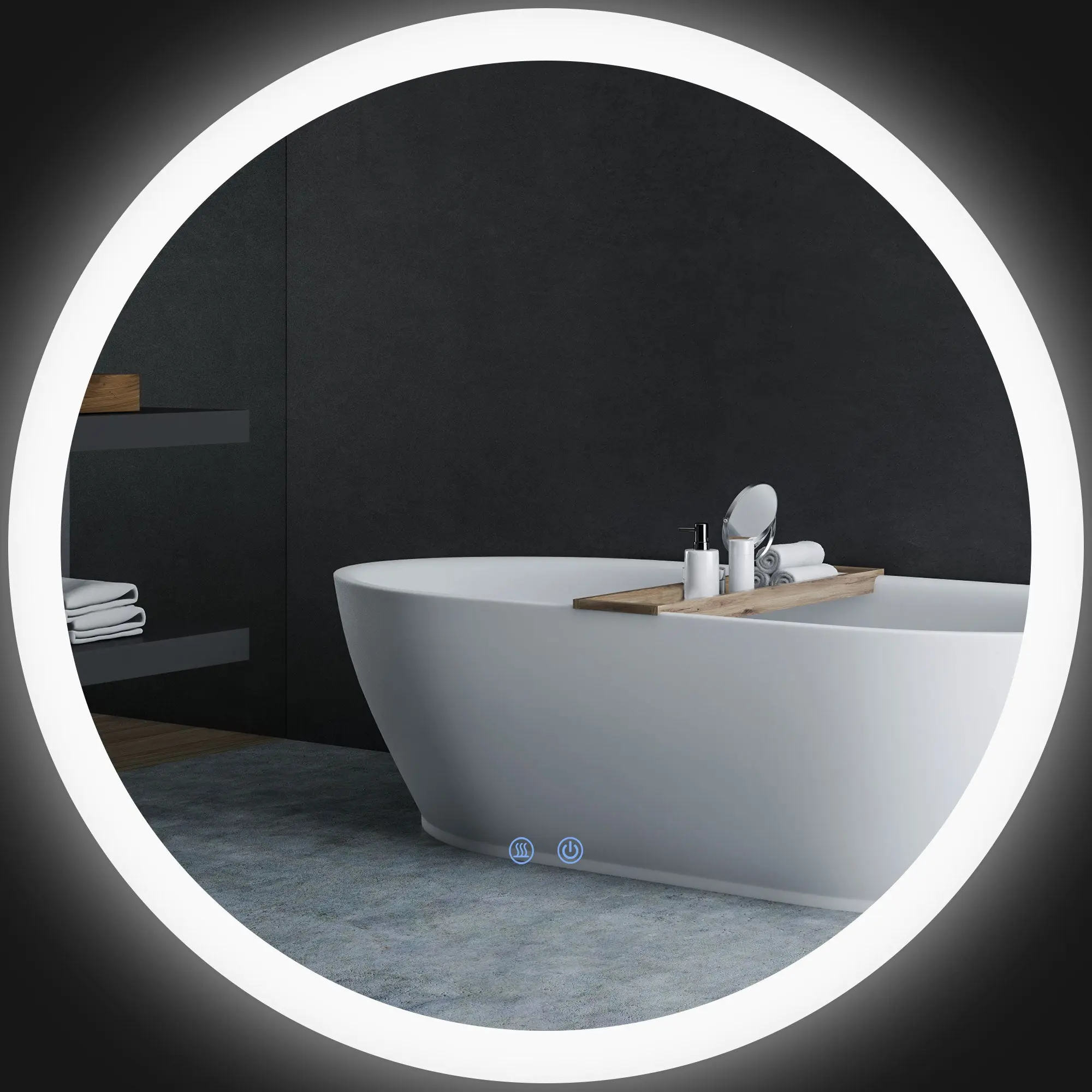 Miroir rond salle de bain avec éclairage LED  70 cm, miroir mural 35W avec anti-buée, 3 couleurs réglables, dimmable, interrupteur tactile, fonction mémoire, blanc et argent