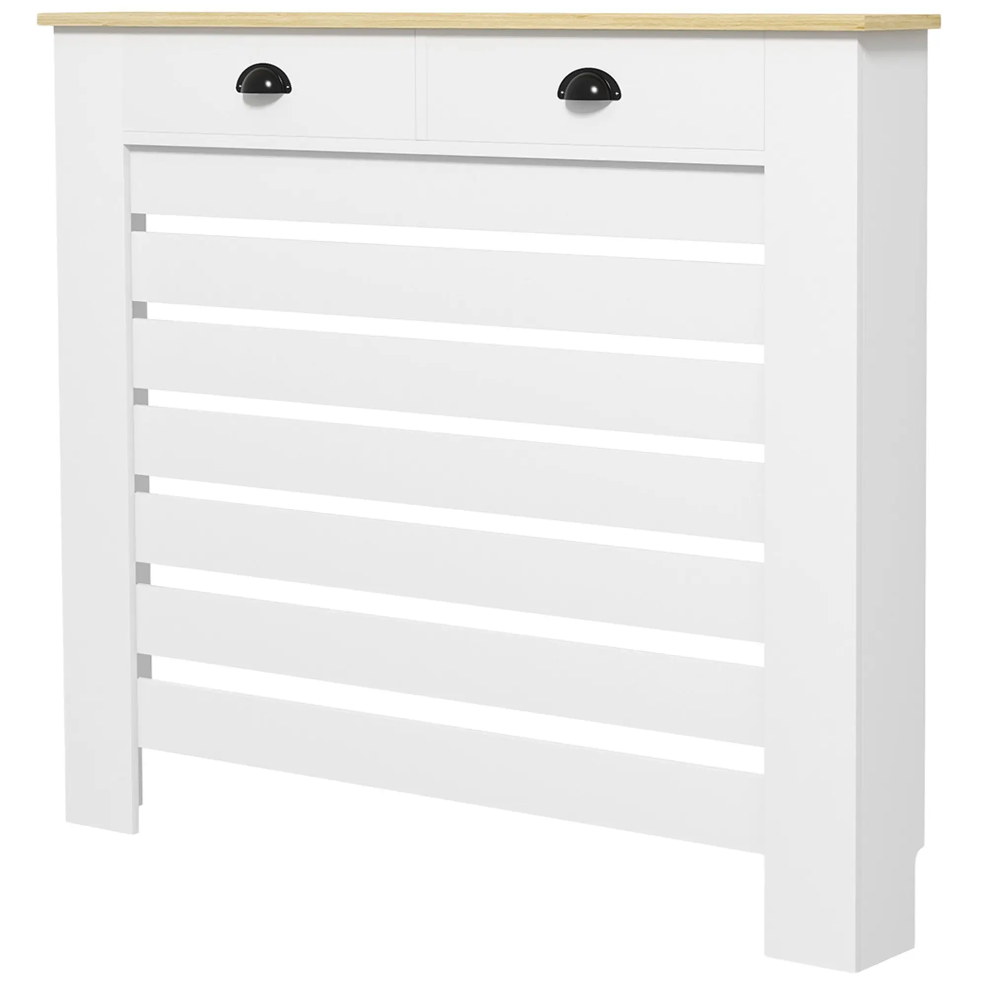 Couvercle de radiateur, cache radiateur, grille à lattes horizontales, avec 2 tiroirs, pour salon, chambre à coucher, couloir, en bois, 111 x 19 x 95,5 cm, blanc