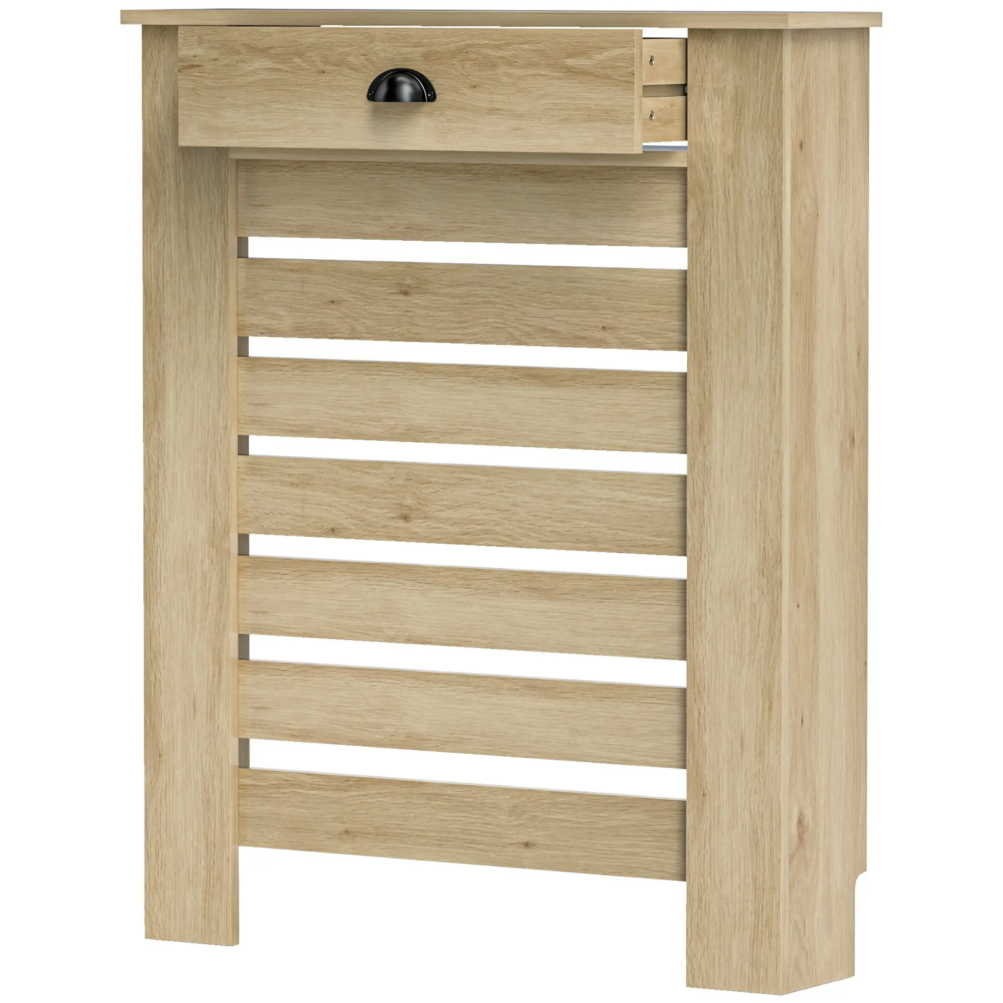 Couvercle de radiateur, cache radiateur, grille à lattes horizontales, avec tiroir, pour salon, chambre à coucher, couloir, en bois, 78 x 19 x 95,5 cm, chêne