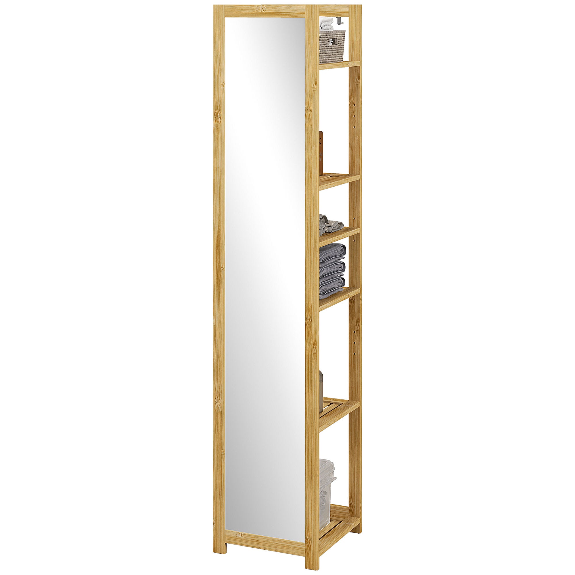 Meuble colonne de salle de bain avec miroir étagère de rangements à 6 étagères support en bambou naturel, 35L x 35l x 168H cm