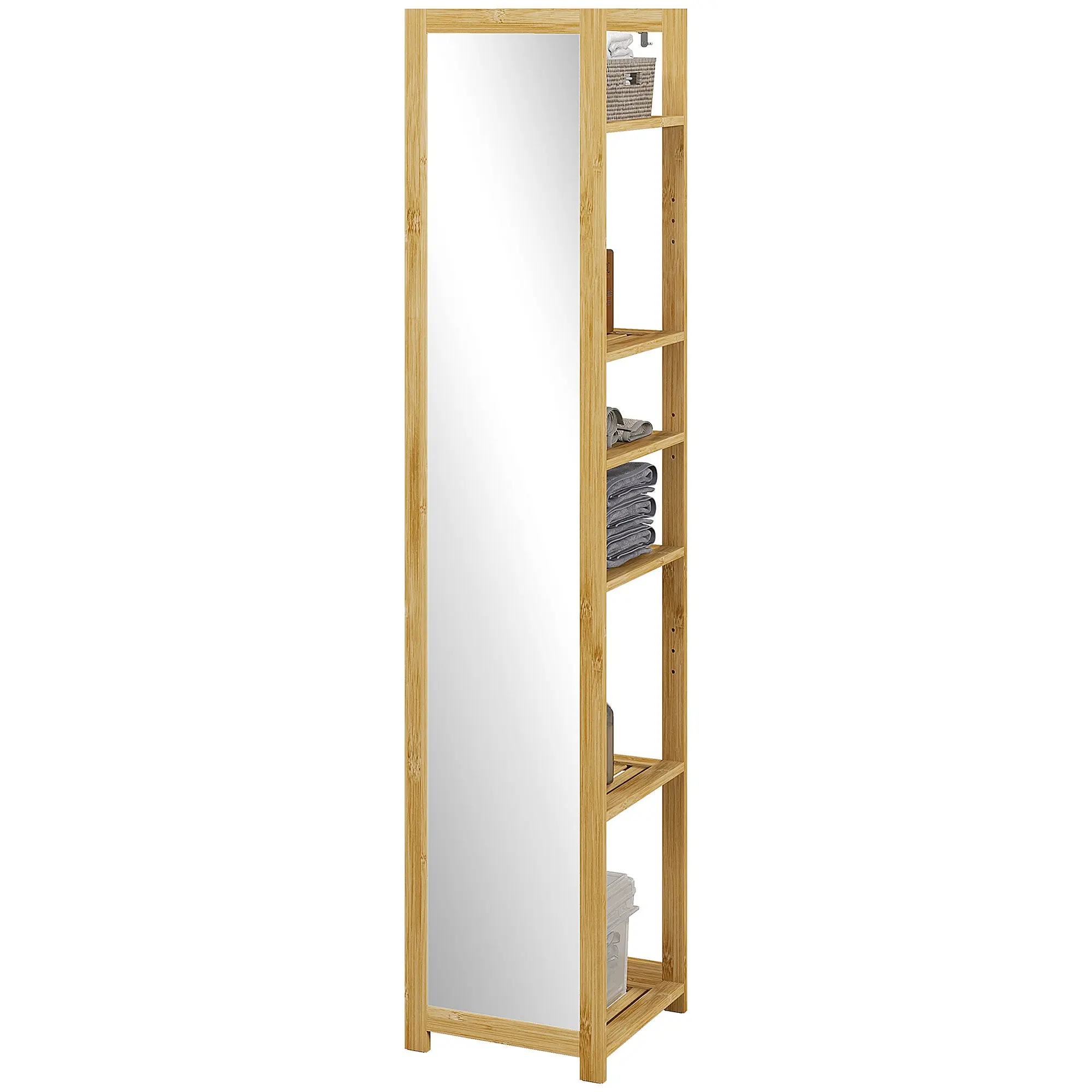Meuble colonne de salle de bain avec miroir étagère de rangements à 6 étagères support en bambou naturel, 35L x 35l x 168H cm