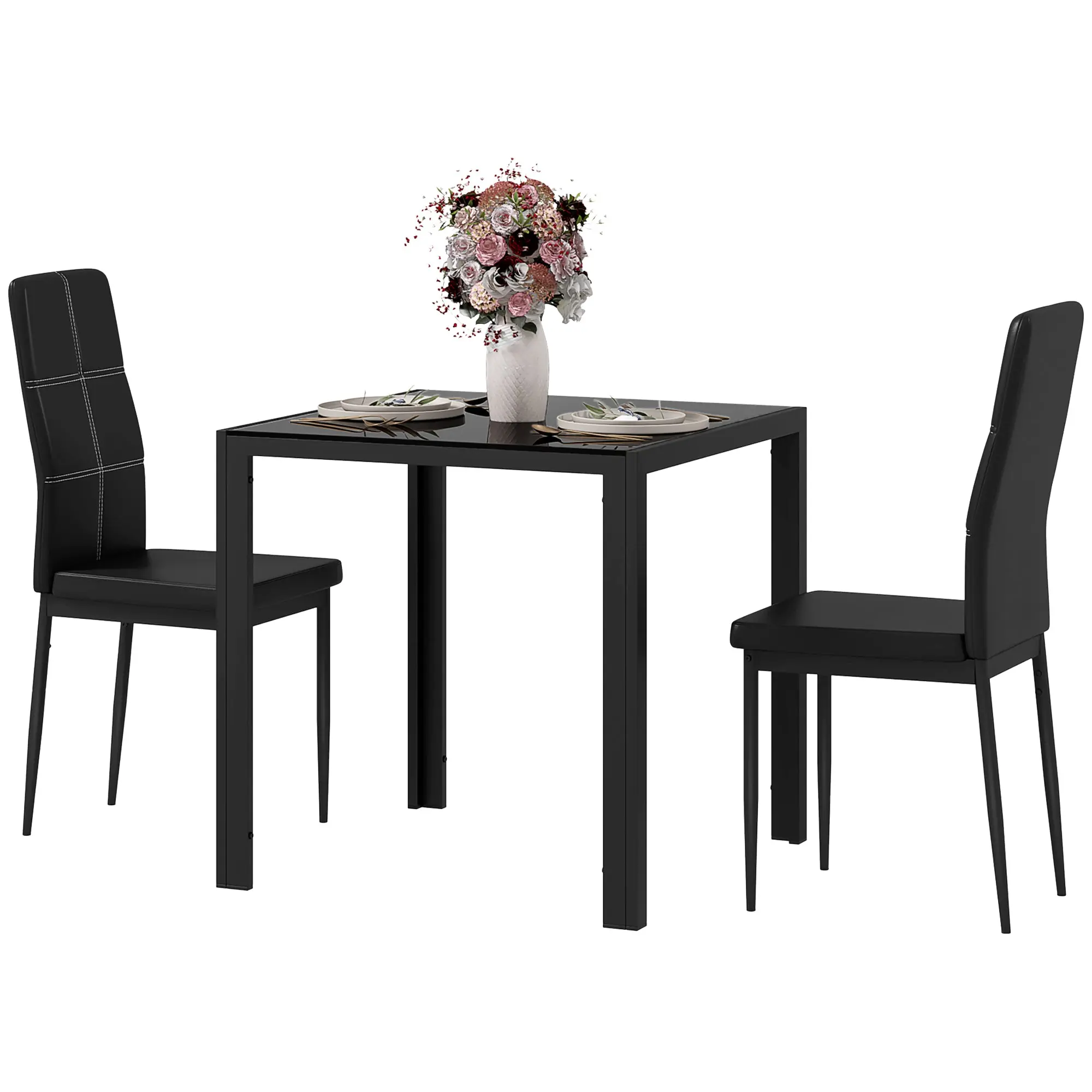 Ensemble table à manger et chaises pour 2 personnes, table de cuisine avec chaises, plateau rectangulaire en verre, structure en métal, pour cuisine salon maison, noir