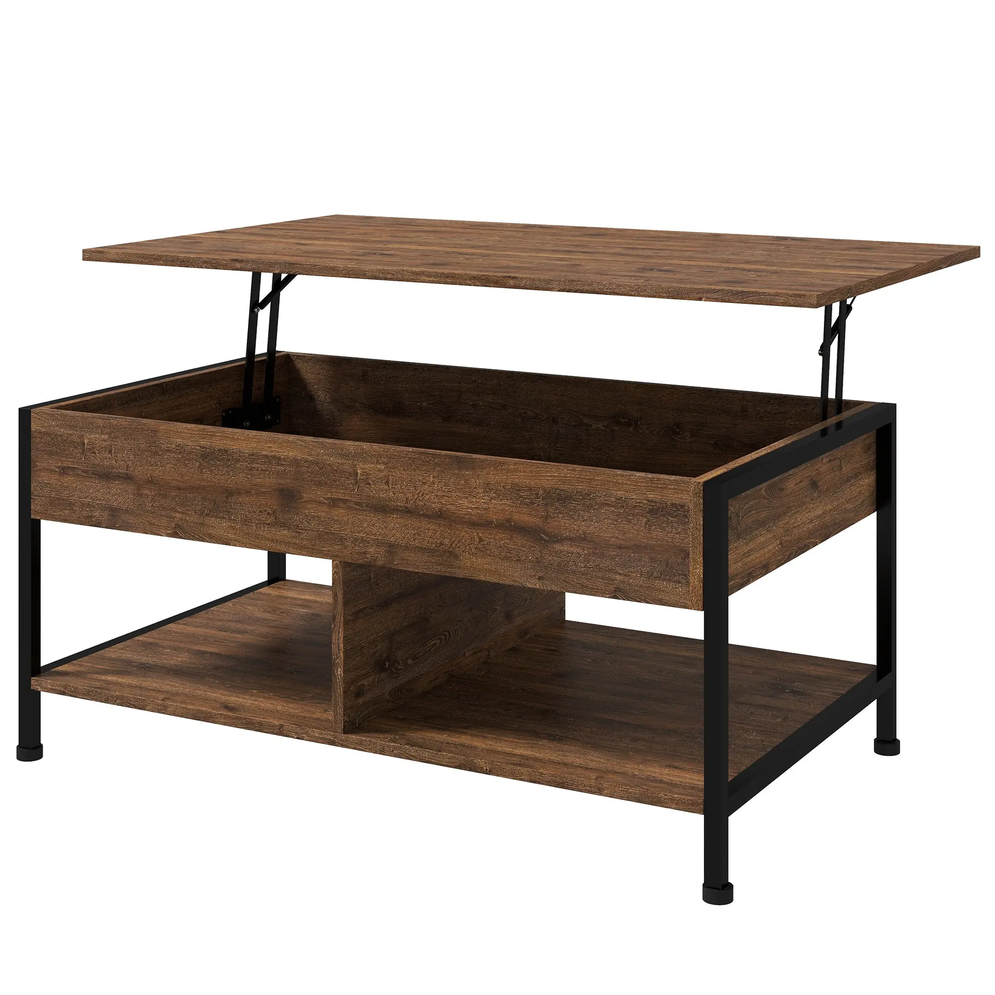 Table basse relevable table de salon - étagère inférieure, coffre de rangement - dim. 100L x 80l x 60H cm - aspect bois rustique noir