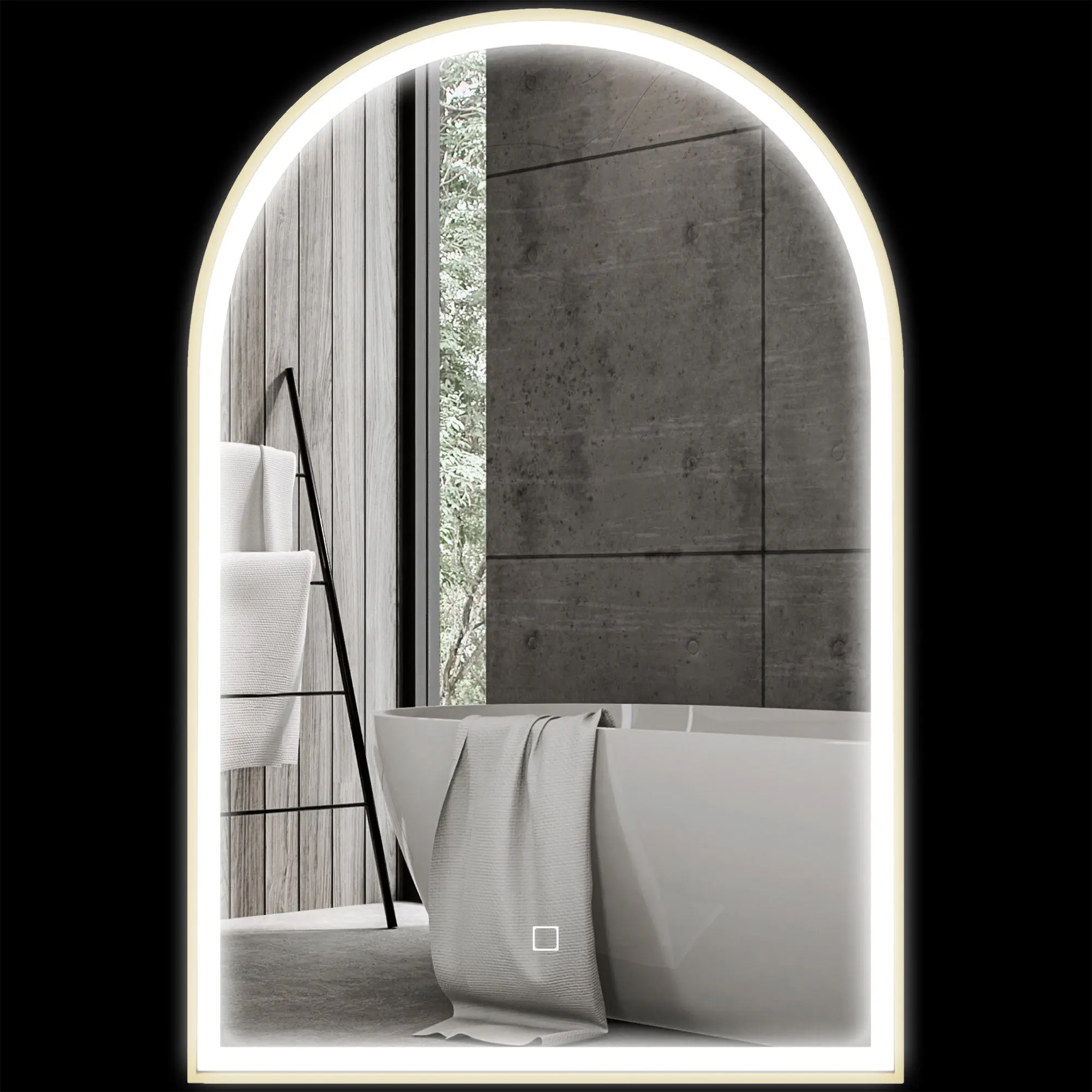 Miroir salle de bain 90 x 60 cm, miroir mural arqué, miroir salle de bain avec éclairage LED, lumière réglable 3 couleurs, anti-buée, mémoire, interrupteur tactile, cadre en aluminium - doré