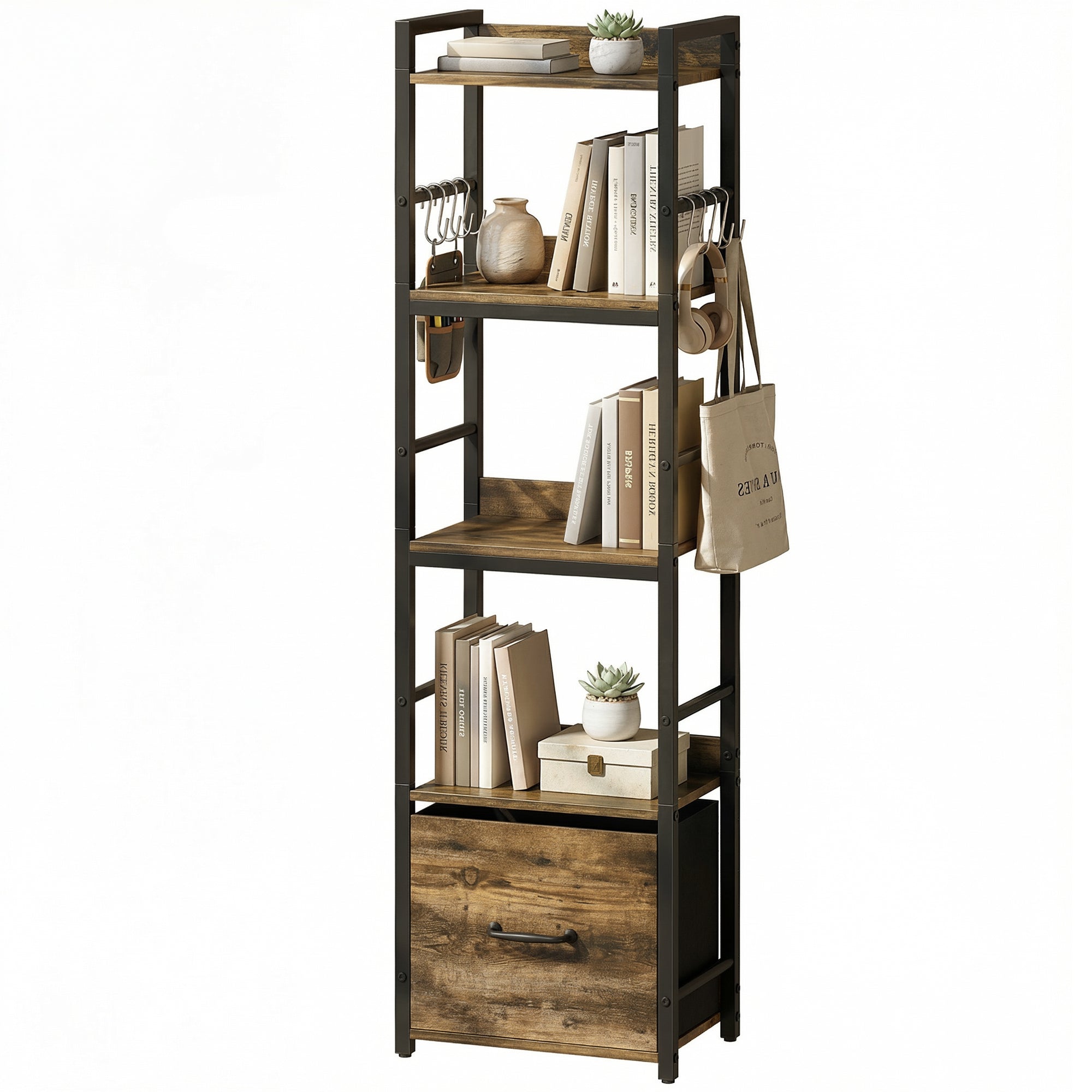 Bibliothèque à 4 niveaux, étagère de rangement étroite avec tiroir, 8 crochets, cadre en métal, meuble de rangement moderne pour salon, bureau, petit espace, 39 x 26 x 136,5 cm, brun rustique