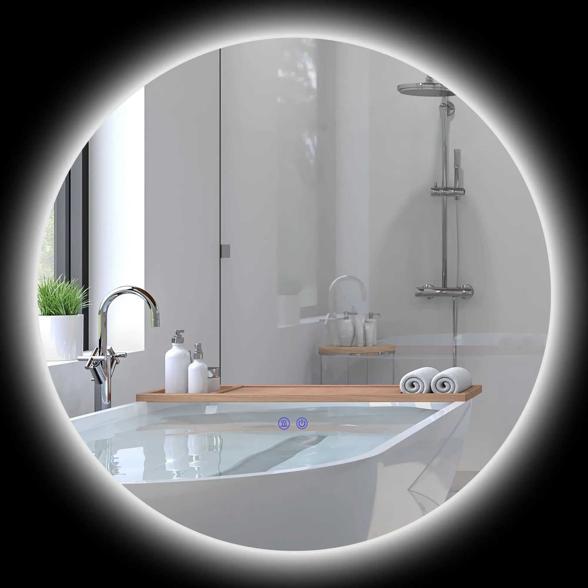 Miroir rond lumineux LED miroir mural de salle de bain 80 cm avec éclairage interrupteur tactile système antibuée luminosité réglable 20,5W+26W blanc et argent