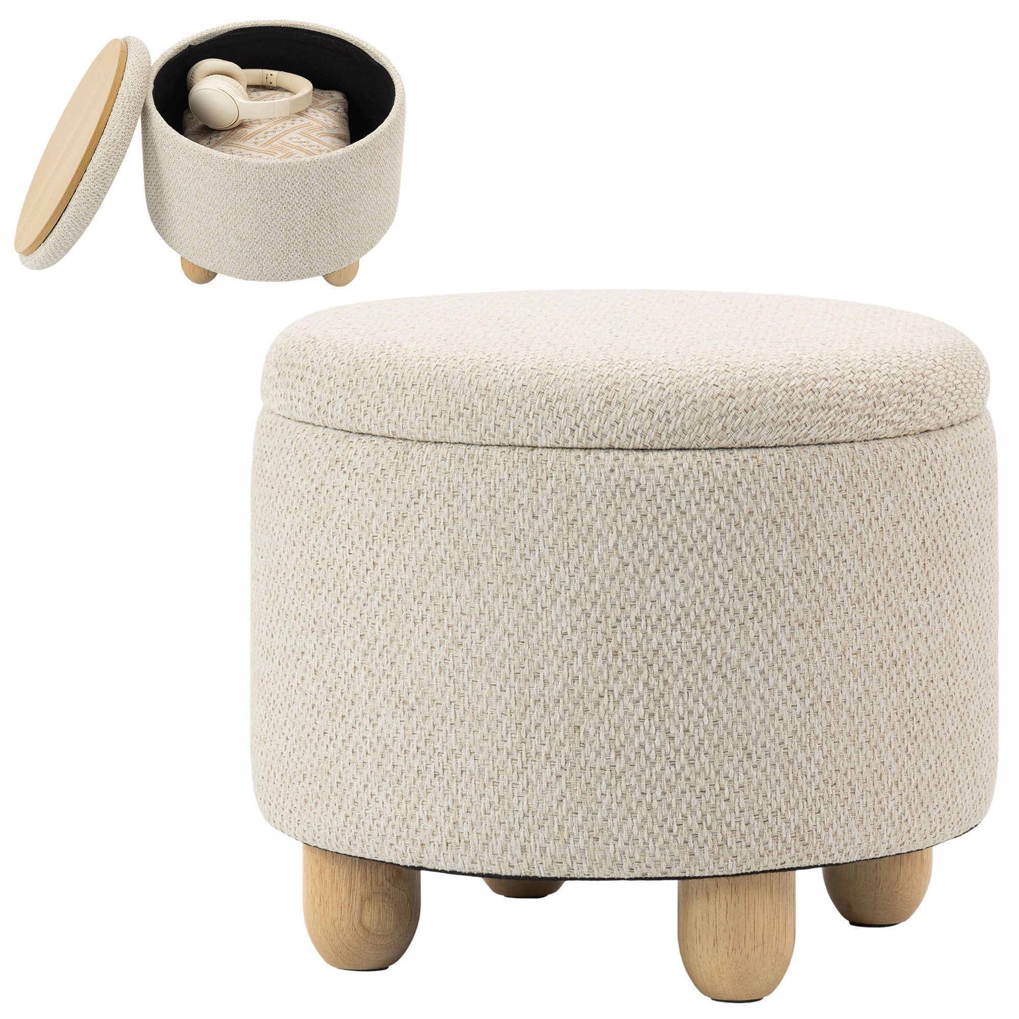 Pouf Coffre de Rangement Rond en Toile de Jute, Repose-pieds avec Couvercle, Pieds Bois Hévéa, Tabouret de Rangement pour Chambre, Couloir, Salon, Ø 38,5 x 33,5 cm, Beige