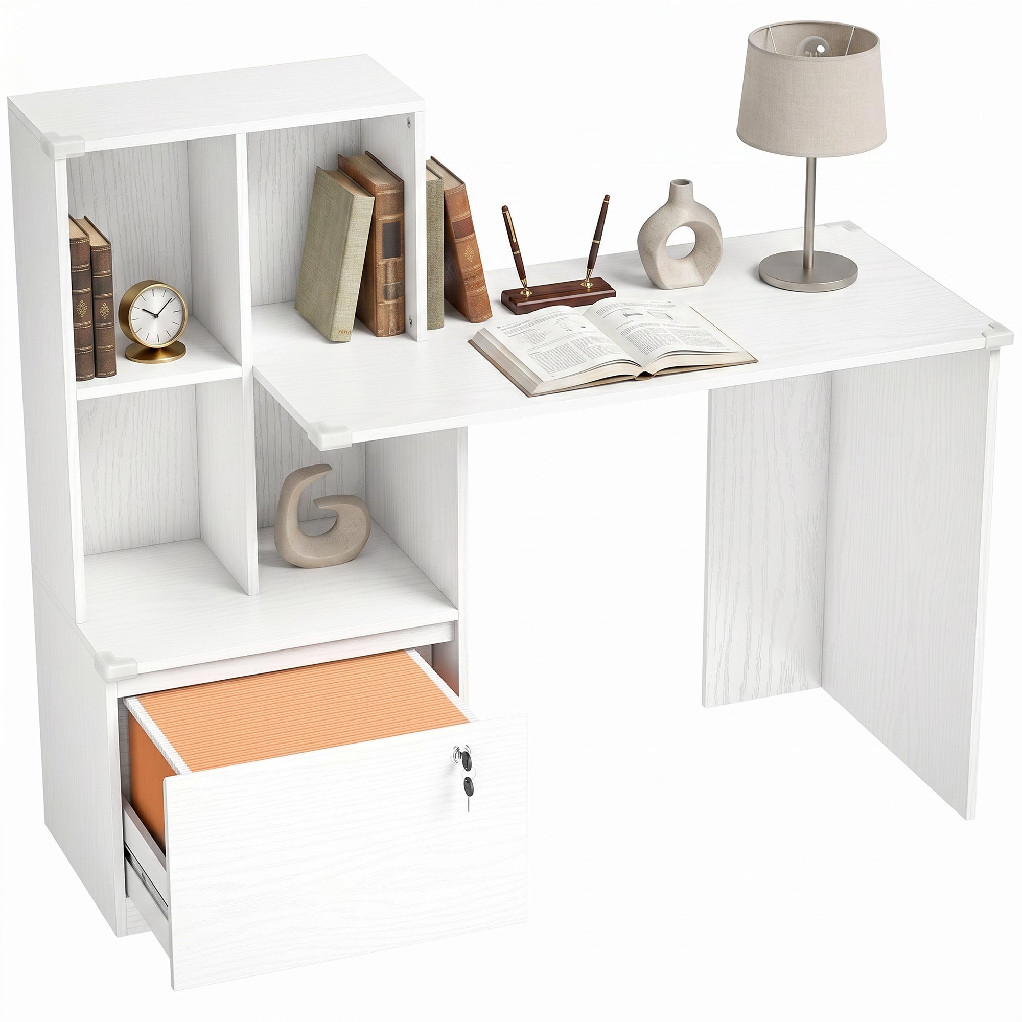 Bureau ordi avec bibliothèque grand rangement tiroir verrouillable pour bureau blanc