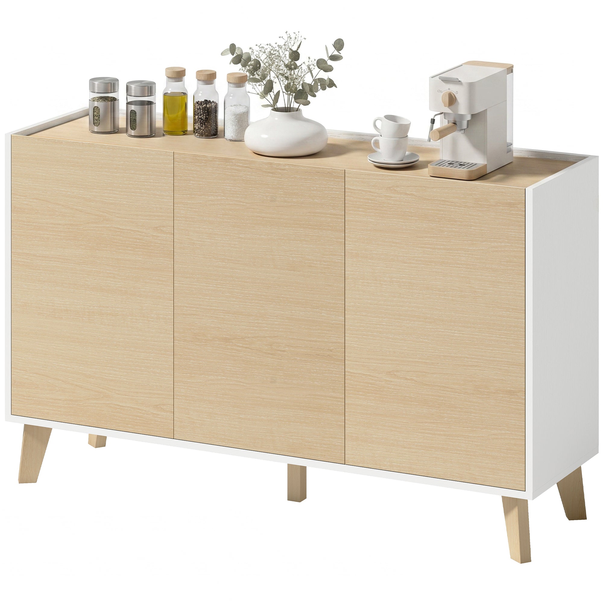 Buffet Cuisine, Meuble de Rangement Nordique, 3 Portes à Fermeture Douce, 6 Compartiments, Meuble TV pour Téléviseurs 50 Pouces, pour Salon et Chambre, 120x35x73,5cm, Bois Naturel et Blanc