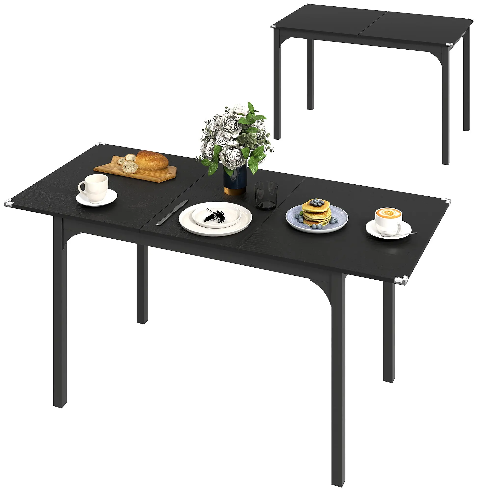 Table à manger pliante, table extensible cuisine rectangulaire jusqu'à 4 à 6 personnes, pieds en acier, pour petits espaces, salle à manger, noir