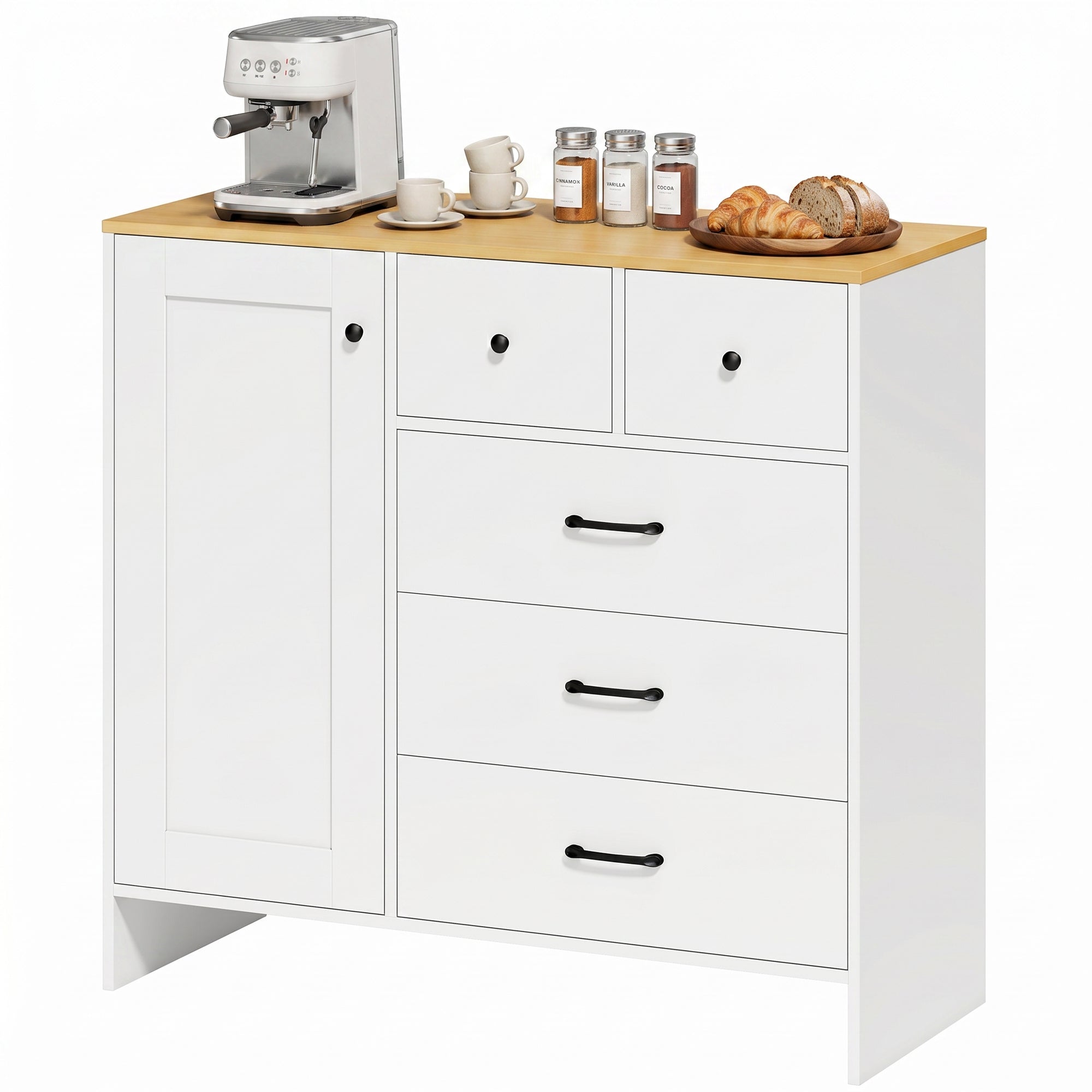 Buffet Cuisine, Meuble de Rangement avec 5 Tiroirs et Porte, Style Rustique, Meuble TV, Buffet Salle à Manger, Salon et Chambre, 100 x 40 x 94 cm, Blanc