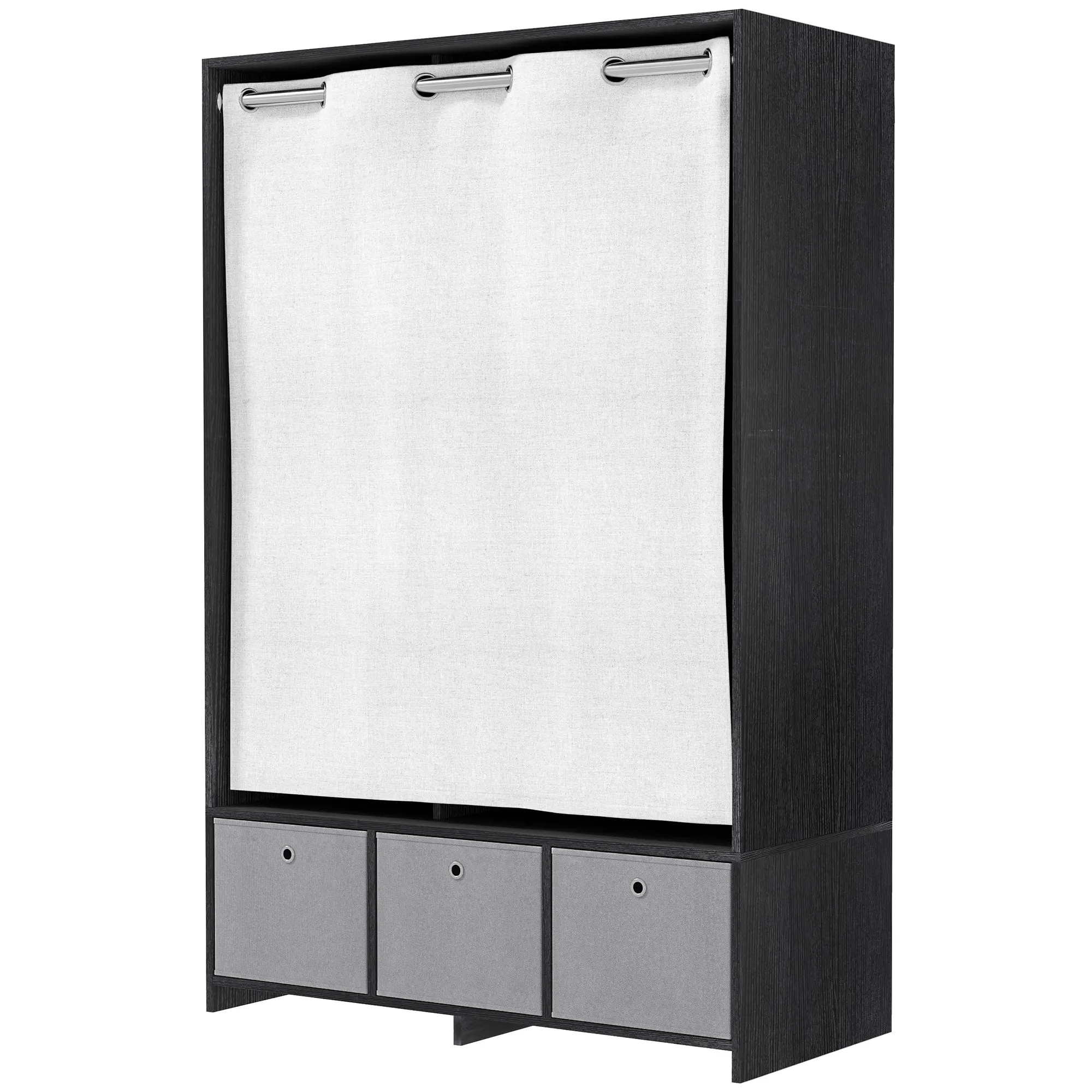 Armoire penderie, dressing avec rideau, armoire chambre vêtement, garde-robe avec tringle, 3 compartiments et 3 tiroirs en tissu amovibles - 105 x 48 x 160 cm, noir