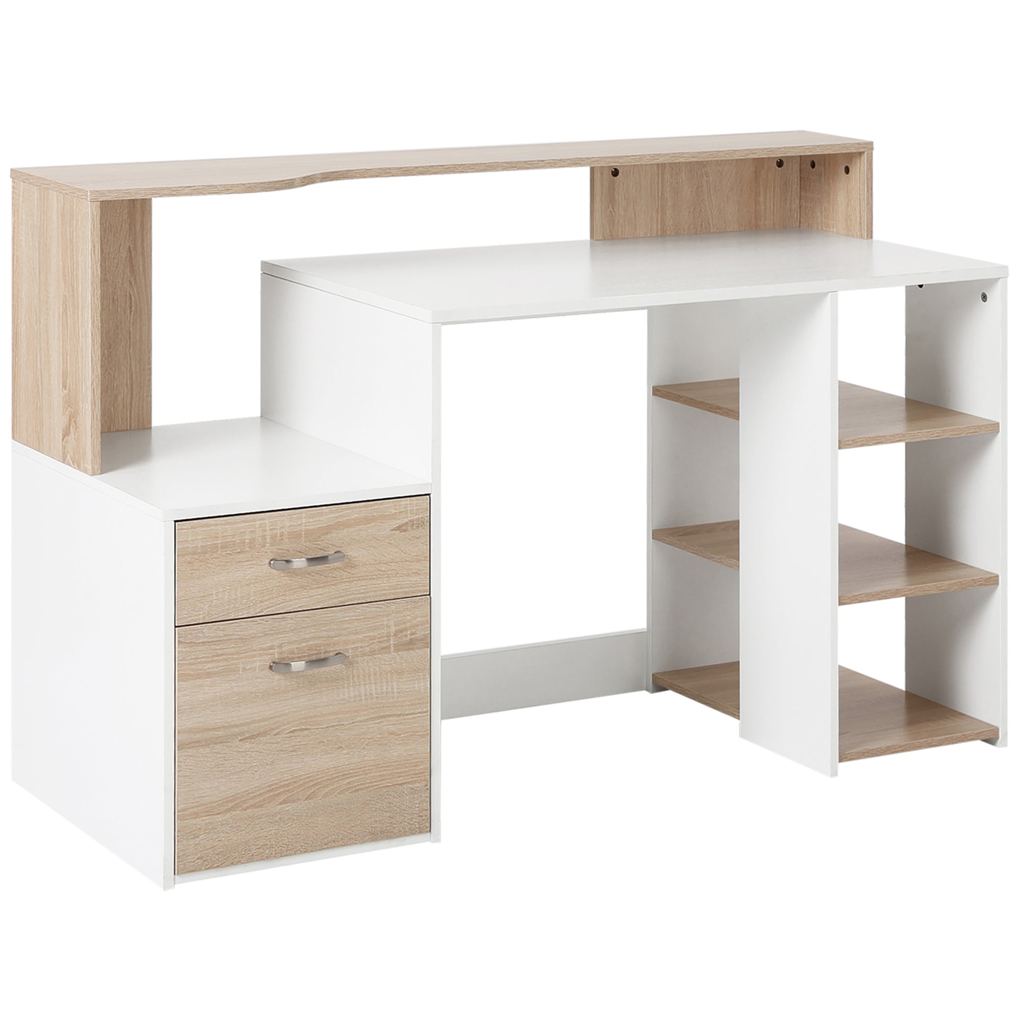 Bureau pour ordinateur 2 tiroirs 5 rayonnages compact pour bureau chêne