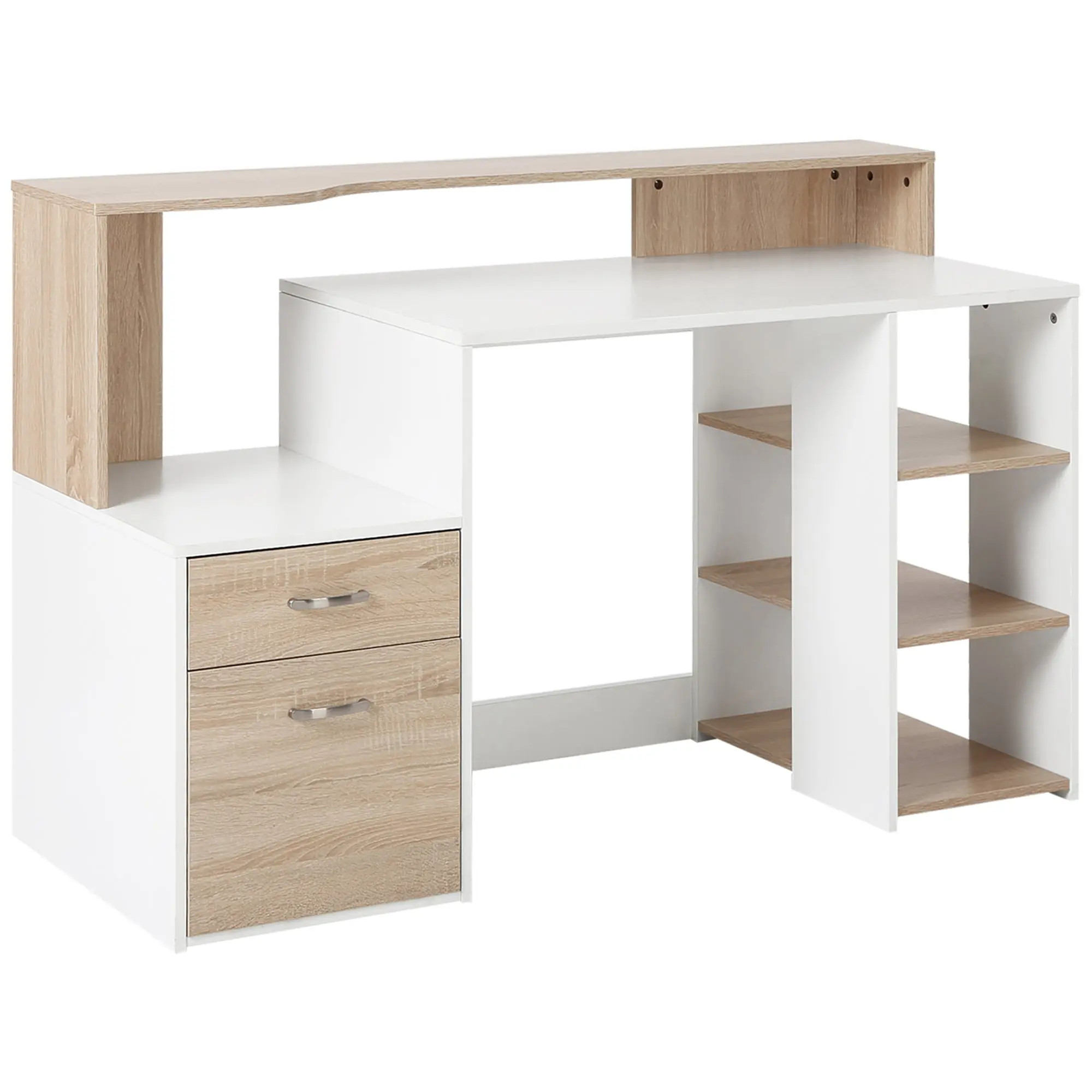 Bureau pour ordinateur 2 tiroirs 5 rayonnages compact pour bureau chêne