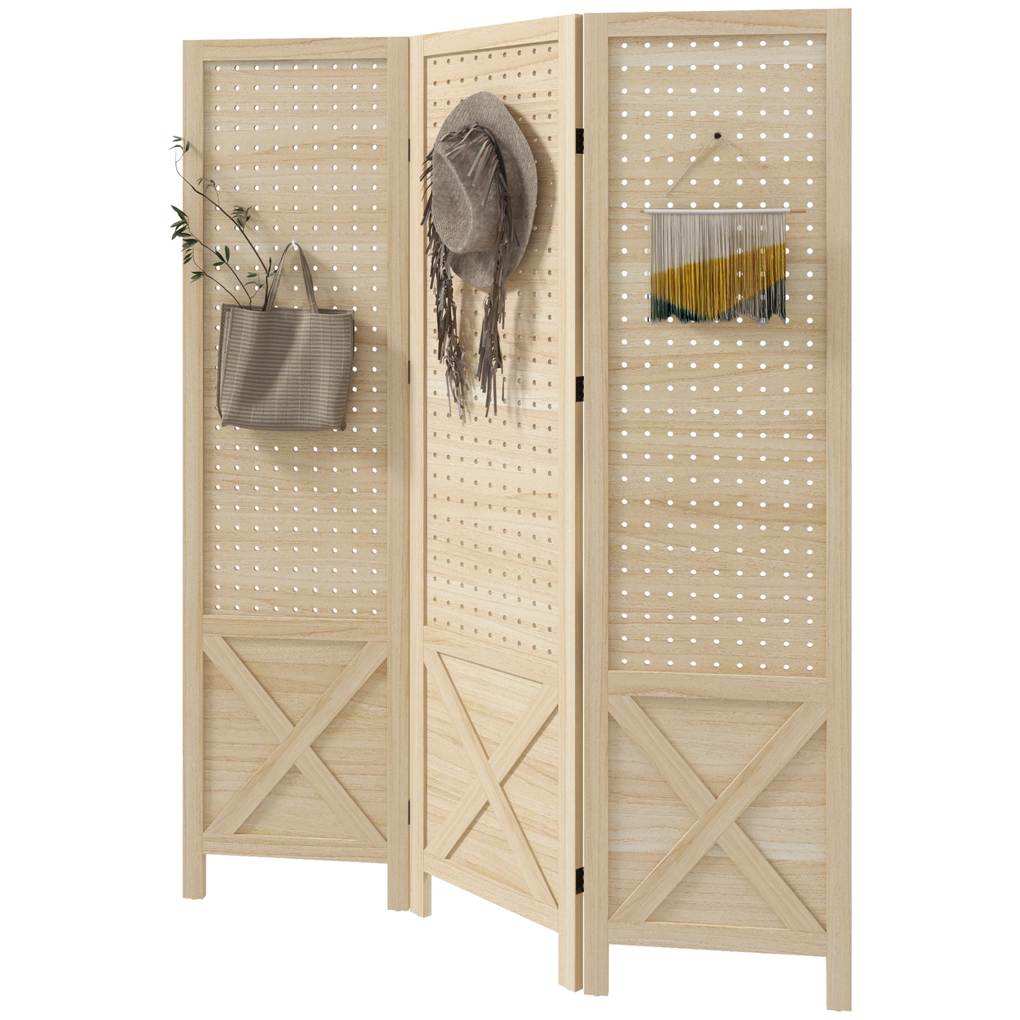 Paravent intérieur en bois, 3 panneaux, 114 x 144,5 cm, panneau perforé, séparateur de pièce pliable, Panneau perforé pour salon, chambre à coucher, maison, bois naturel