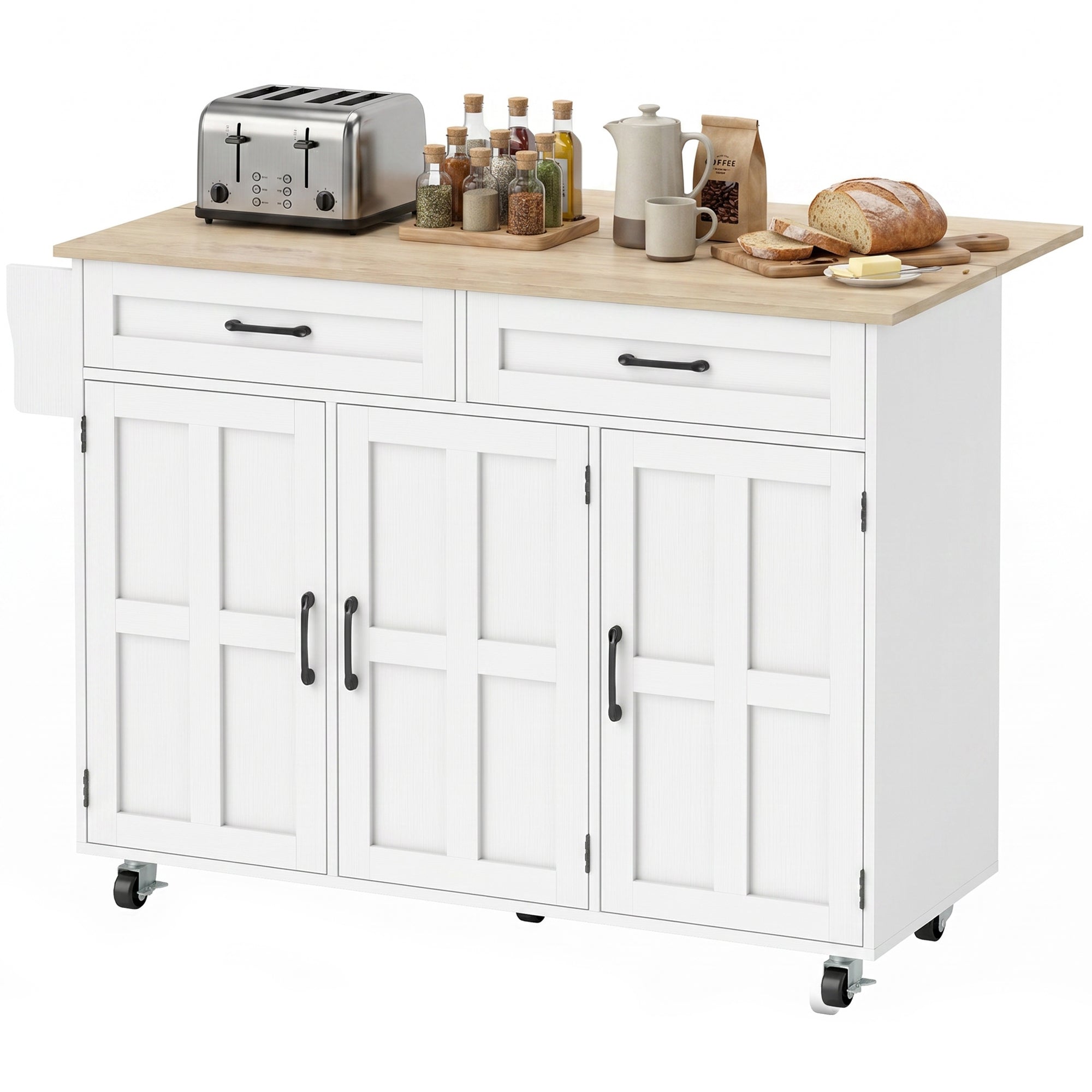Îlot Central Cuisine avec Plateau Rabattable, Desserte de Cuisine sur Roulettes avec 2 Tiroirs, 3 Portes, Porte-Racks, Porte-Serviettes et Étagère Réglable, 129 x 72 x 90,5 cm, Blanc