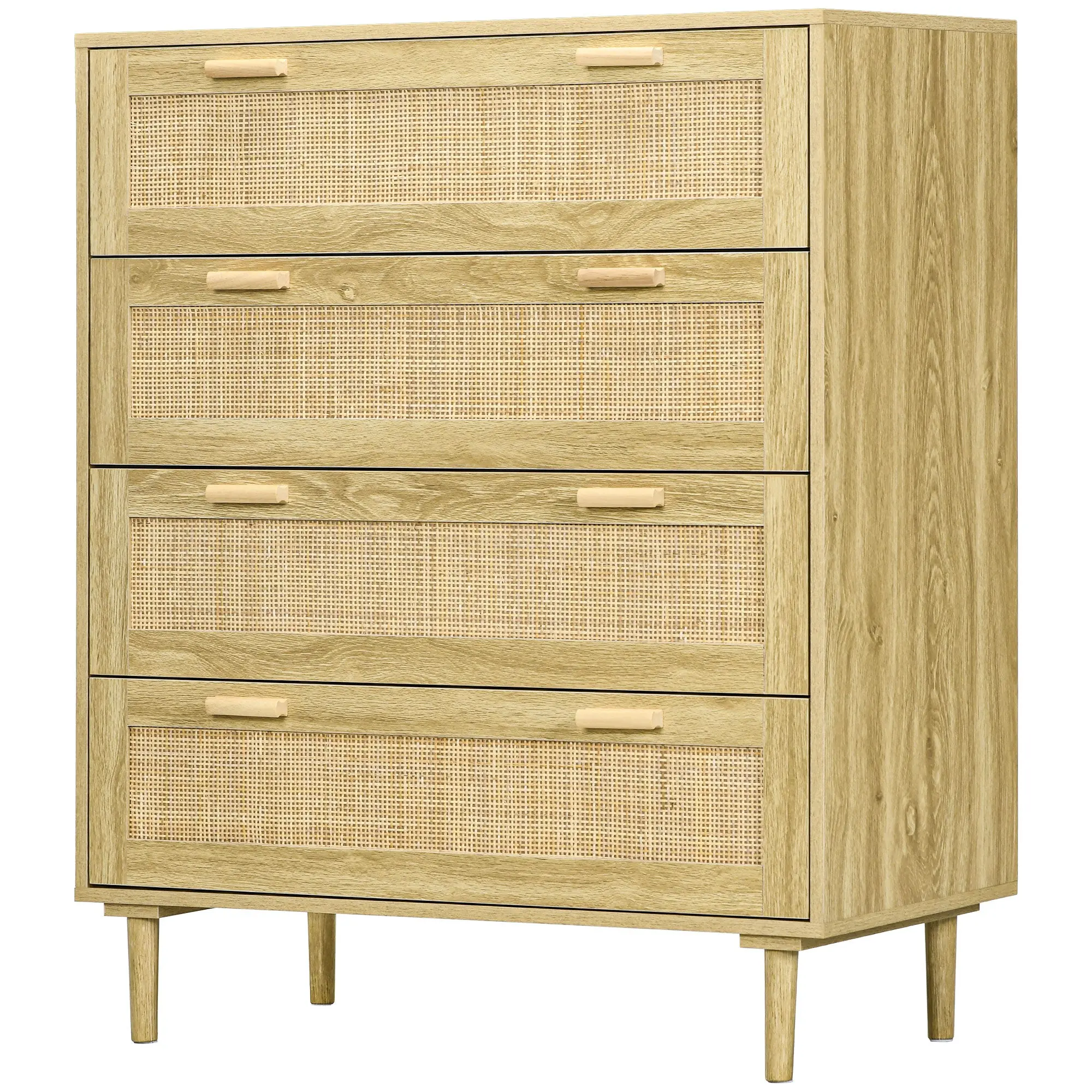 Commode chambre 4 tiroirs meuble de rangement avec façade tissage en rotin style bohème dim. 90l x 45P x 108,5H cm Aspect Bois Clair