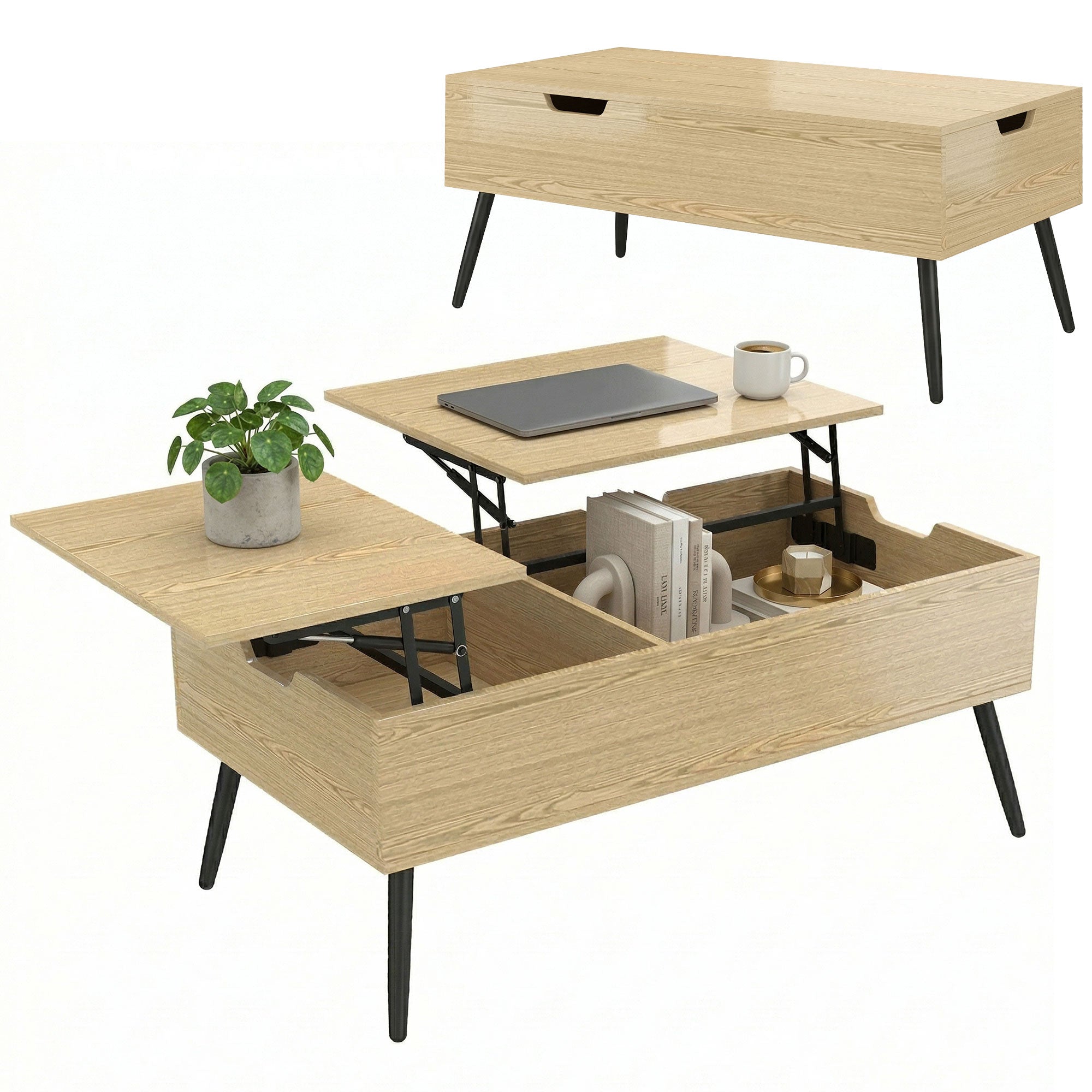 Table basse relevable avec double plateau, table de salon avec compartiment caché et pieds en métal, style moderne, pour salon, bureau, 100 x 50 x 58 cm, bois naturel