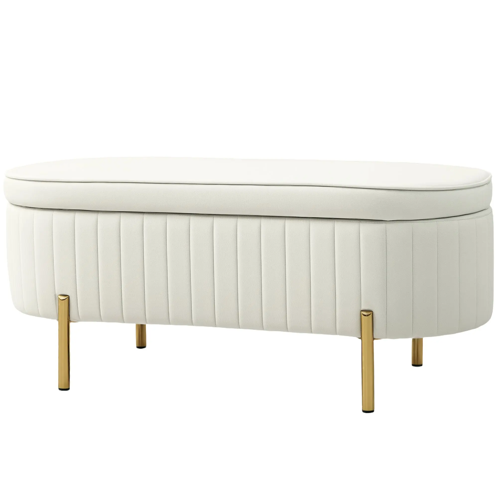 Banc de rangement, bout de lit en velours, coffre de rangement avec couvercle, pieds en métal, capacité 72 L, jusqu'à 220 kg, banquette pour salon, chambre, entrée, 108x44x43,5cm, crème