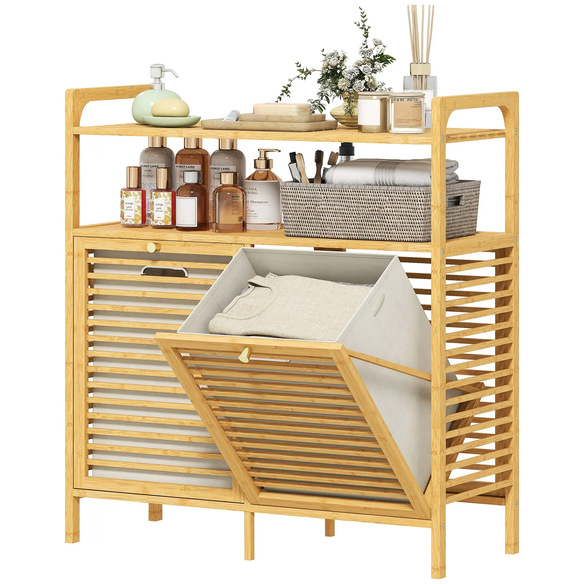 Meuble salle de bain avec panier à linge, armoire salle de bain en bambou avec 2 paniers en tissu amovibles et 2 étagères, corbeille à linge, pour toilette, buanderie, 82x33x88cm, bois naturel