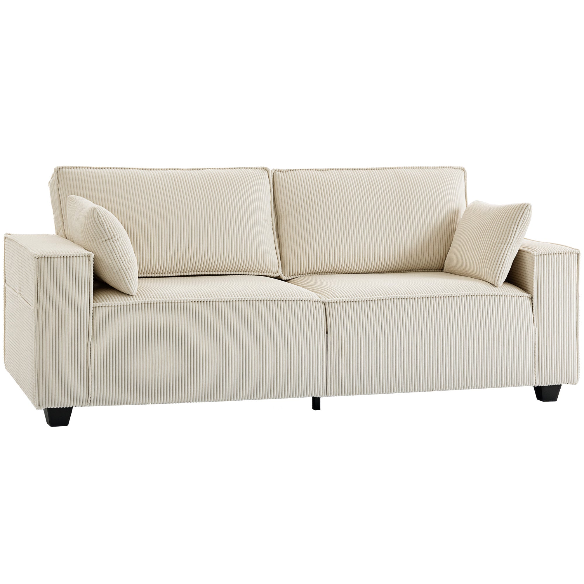 Canapé 3 places en velours côtelé 218 cm, canapé salon moderne, large assise rembourrée, coussins à ressorts, accoudoirs extra-larges, 2 coussins, poche latérale, pour salon, chambre, beige