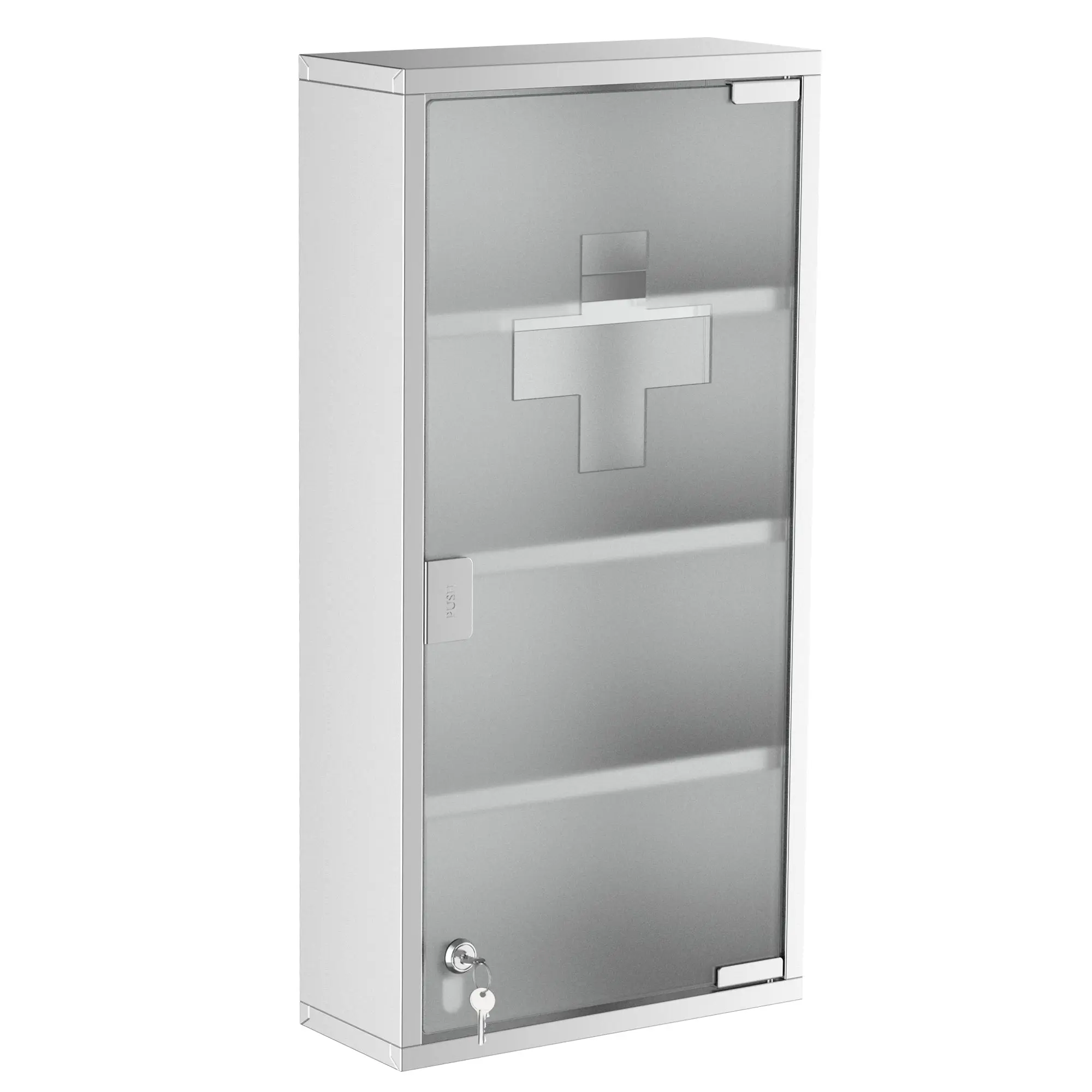Armoire à Pharmacie 3 étagères 4 Niveaux 30L x 12l x 60H cm Porte Verre trempé Symbole Croix Acier Inoxydable brossé