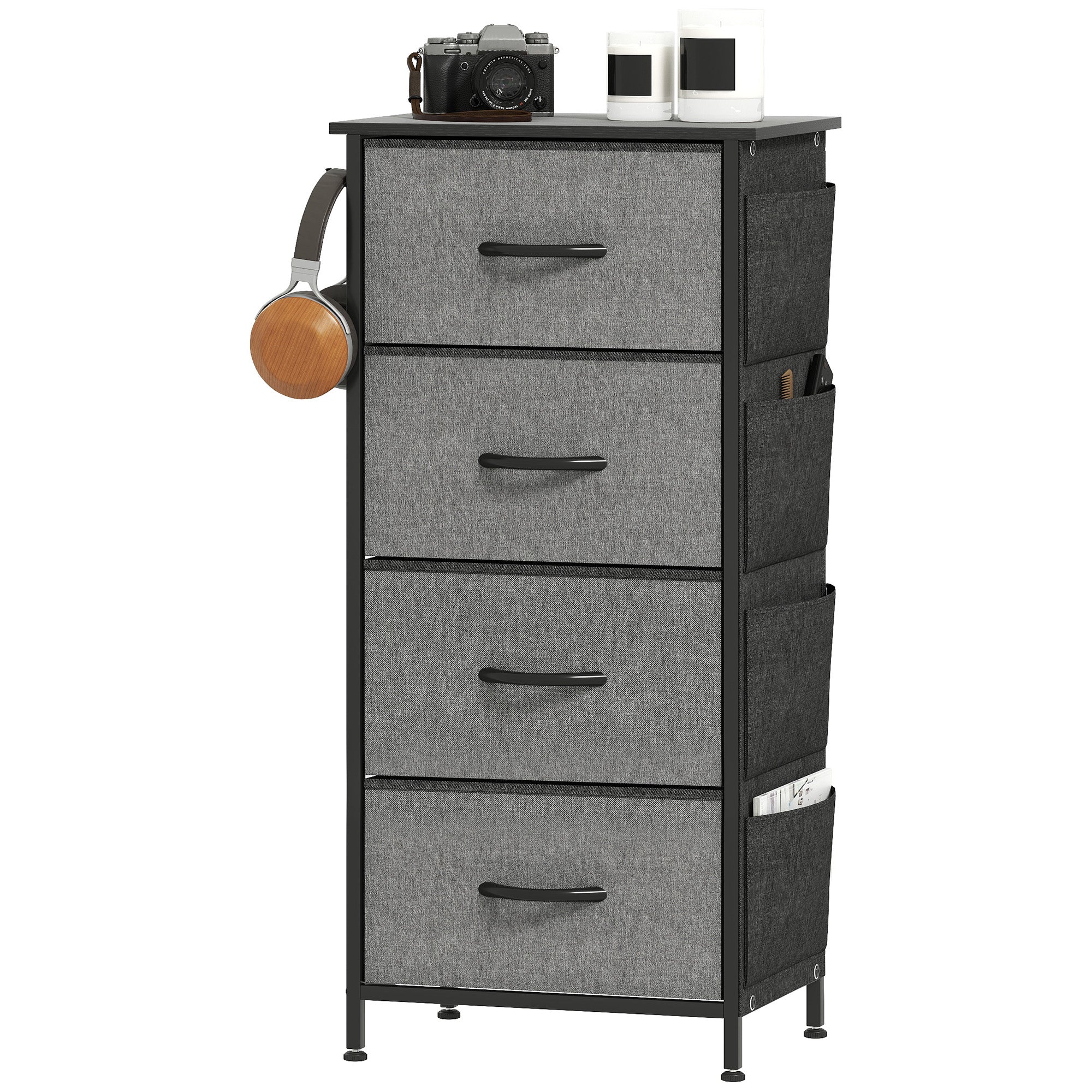 Commode 4 tiroirs en tissu, meuble de rangement avec 4 poches, 2 crochets, structure en acier, chiffonnier pour salon, chambre, entrée, gris