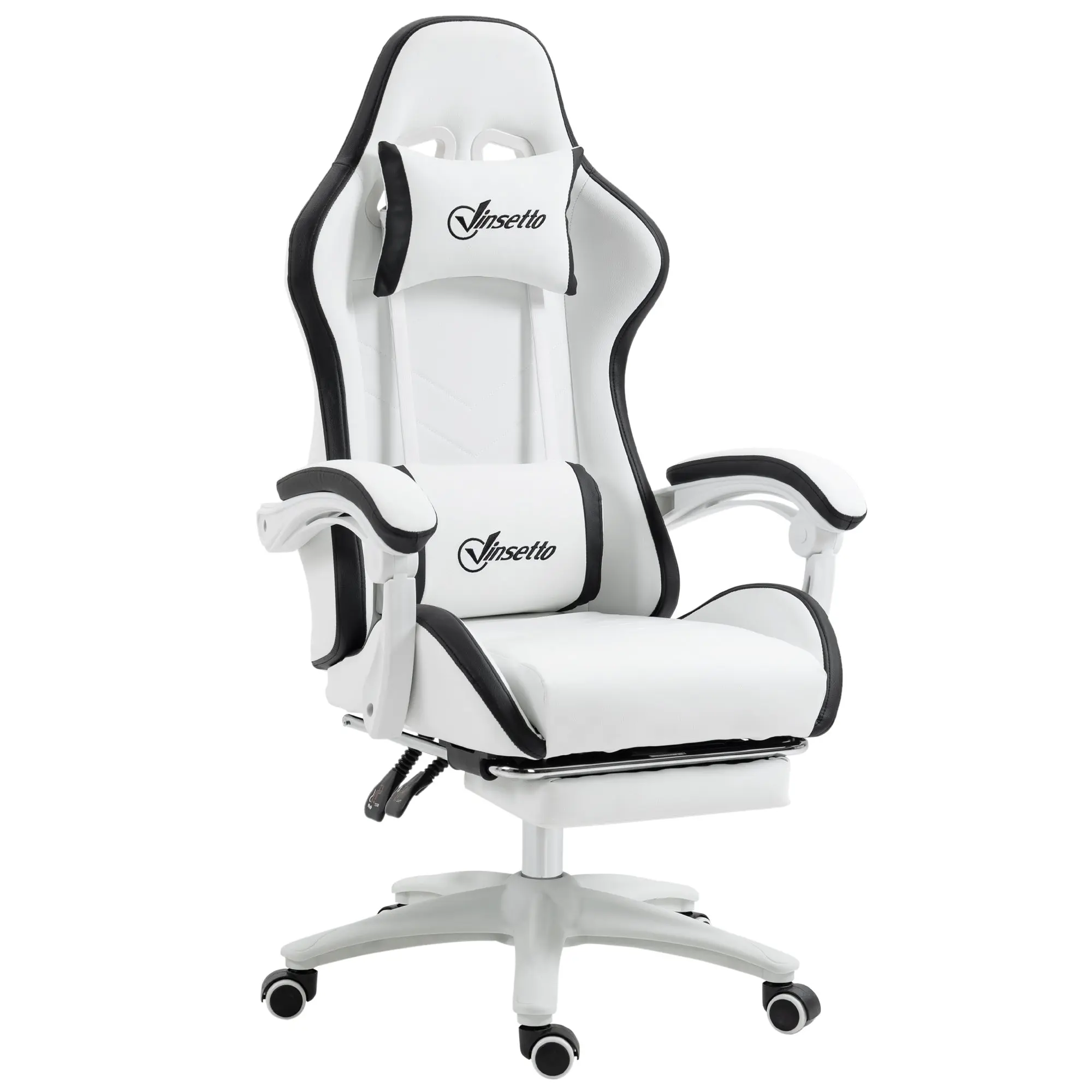 Chaise gaming fauteuil gaming ergonomique repose-pieds télescopique, dossier inclinable à 135°, appui-tête réglable et soutien lombaire, fauteuil de bureau 360° rotatif en similicuir, blanc
