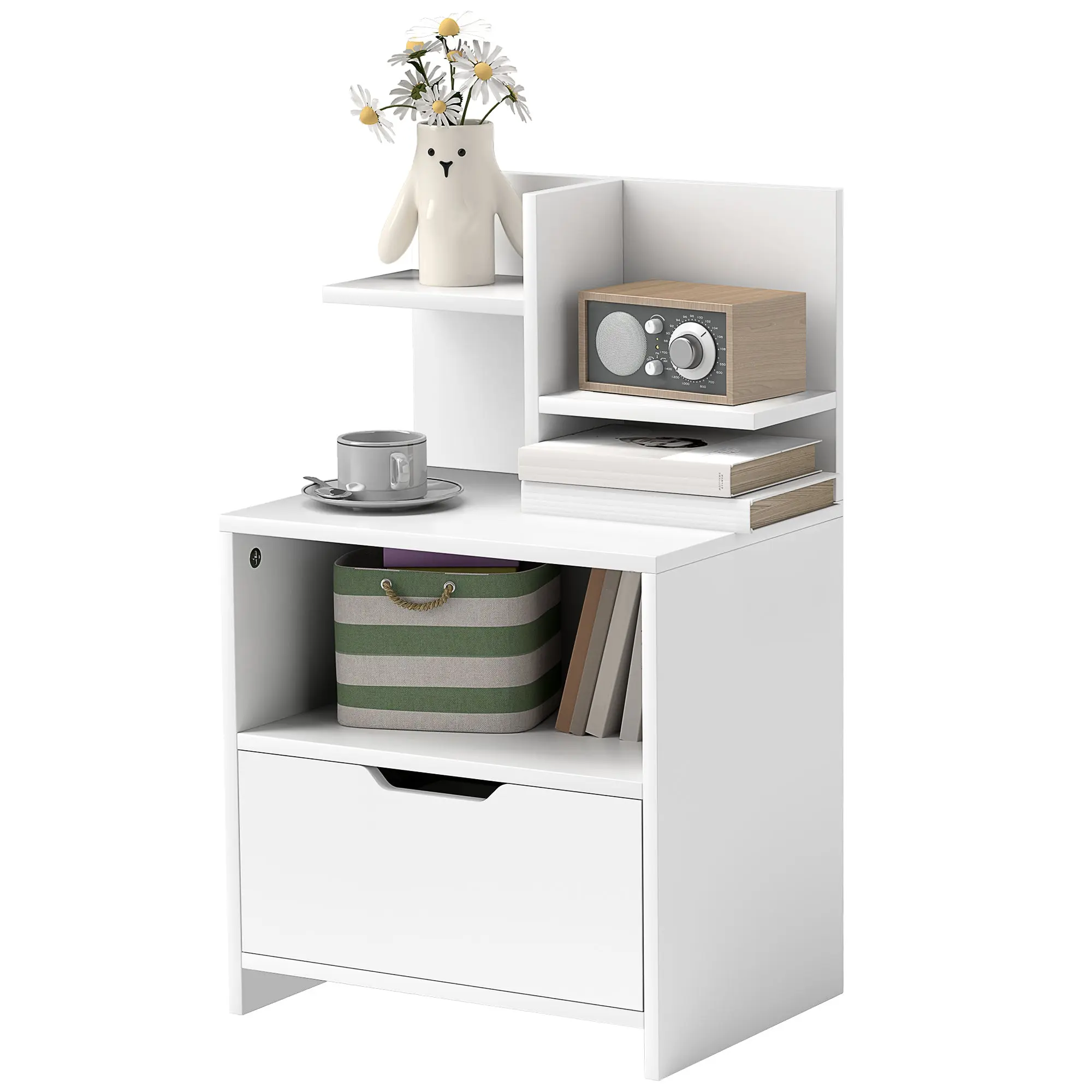 Table de chevet table de nuit avec tiroir, niche et étagères de rangement effet bois - 45 x 35 x 73 cm blanc