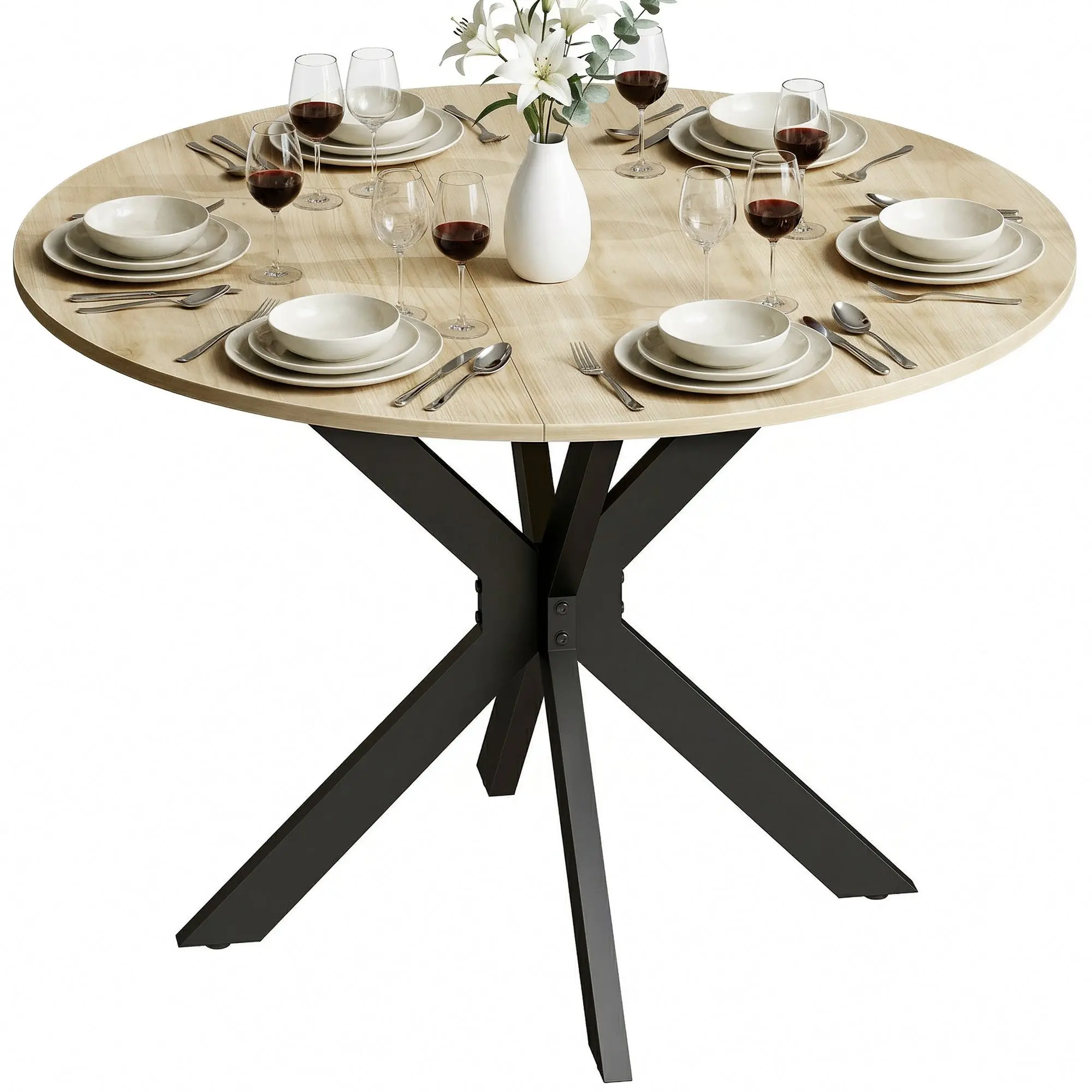 Table à manger pliante pour 2 à 6 personnes, table de cuisine ronde avec plateau rabattable et pieds croisés en acier, pour petits espaces, salle à manger, ?110 x 76 cm, bois naturel