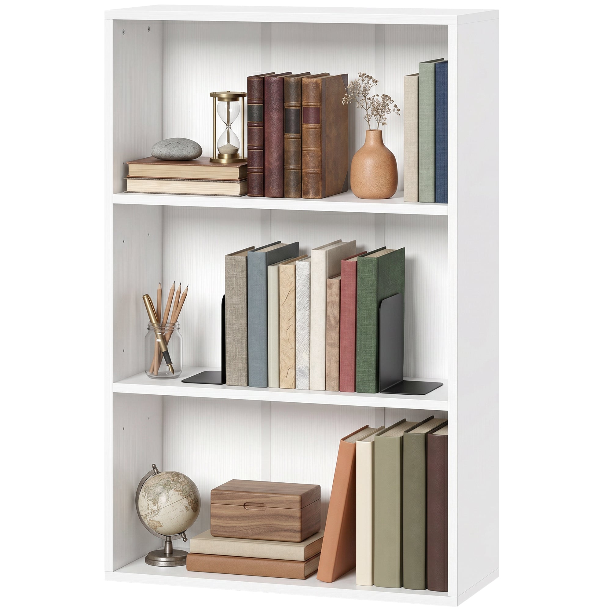 Bibliothèque étagère de rangement avec 3 compartiments et étagère réglable, meuble de rangement pour bureau, salon, chambre, 60 x 24 x 93 cm, blanc