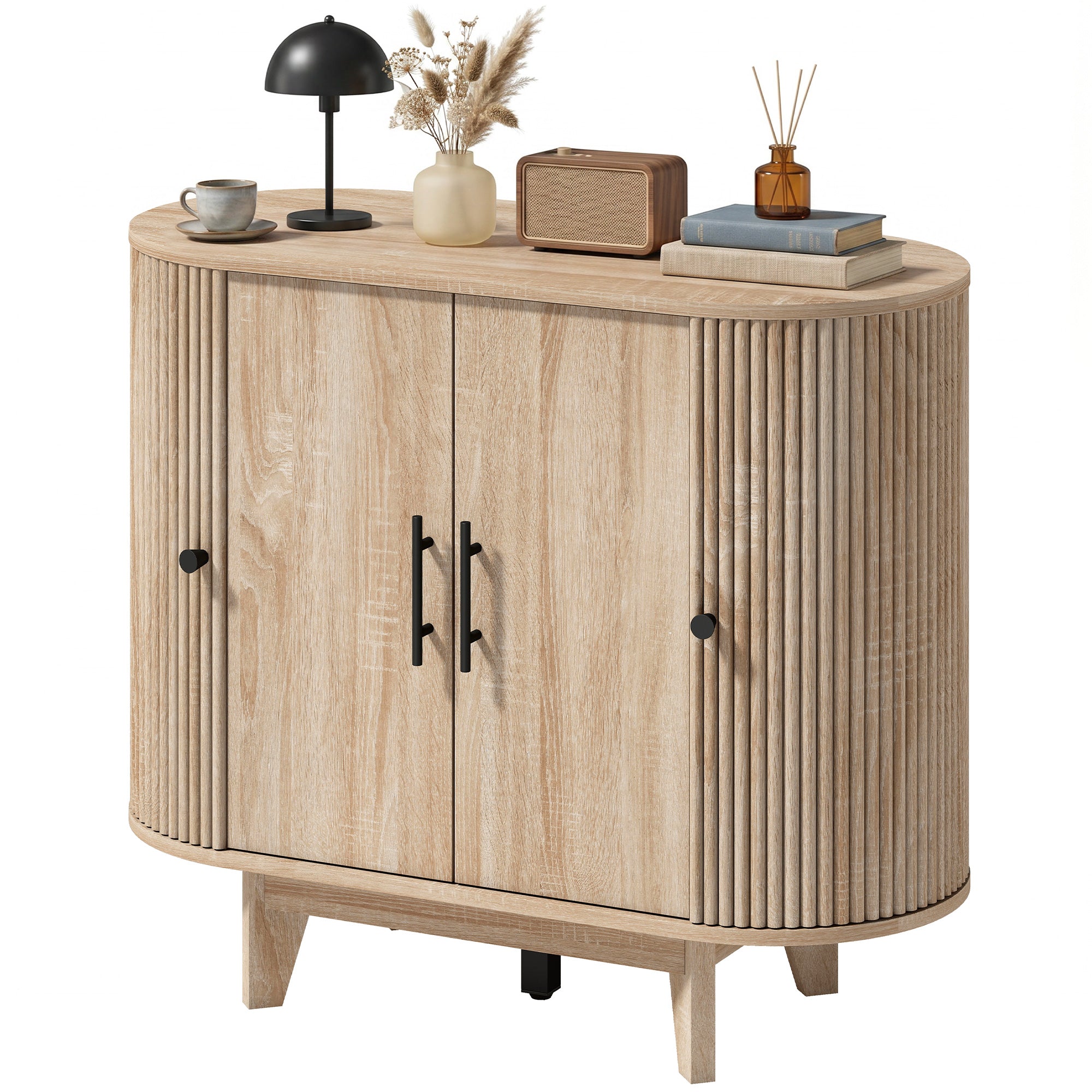 Buffet salon, meuble de rangement ovale avec 4 portes et étagères réglables, 5 pieds stables, style moderne, buffet salle à manger et cuisine, 90 x 40 x 76 cm, chêne