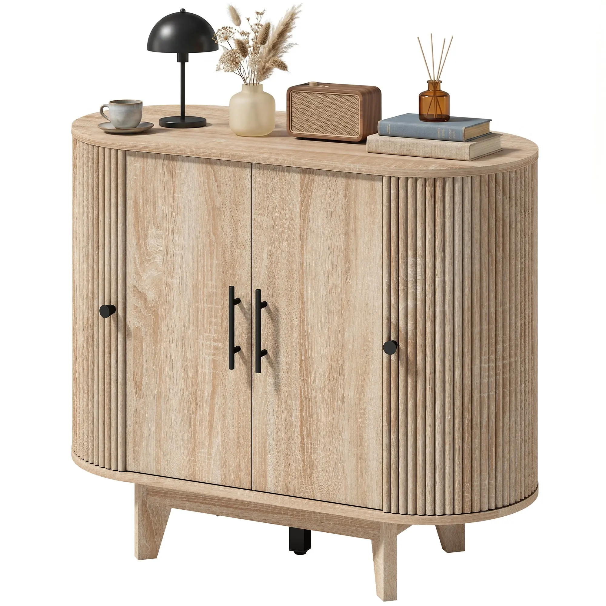 Buffet salon, meuble de rangement ovale avec 4 portes et étagères réglables, 5 pieds stables, style moderne, buffet salle à manger et cuisine, 90 x 40 x 76 cm, chêne