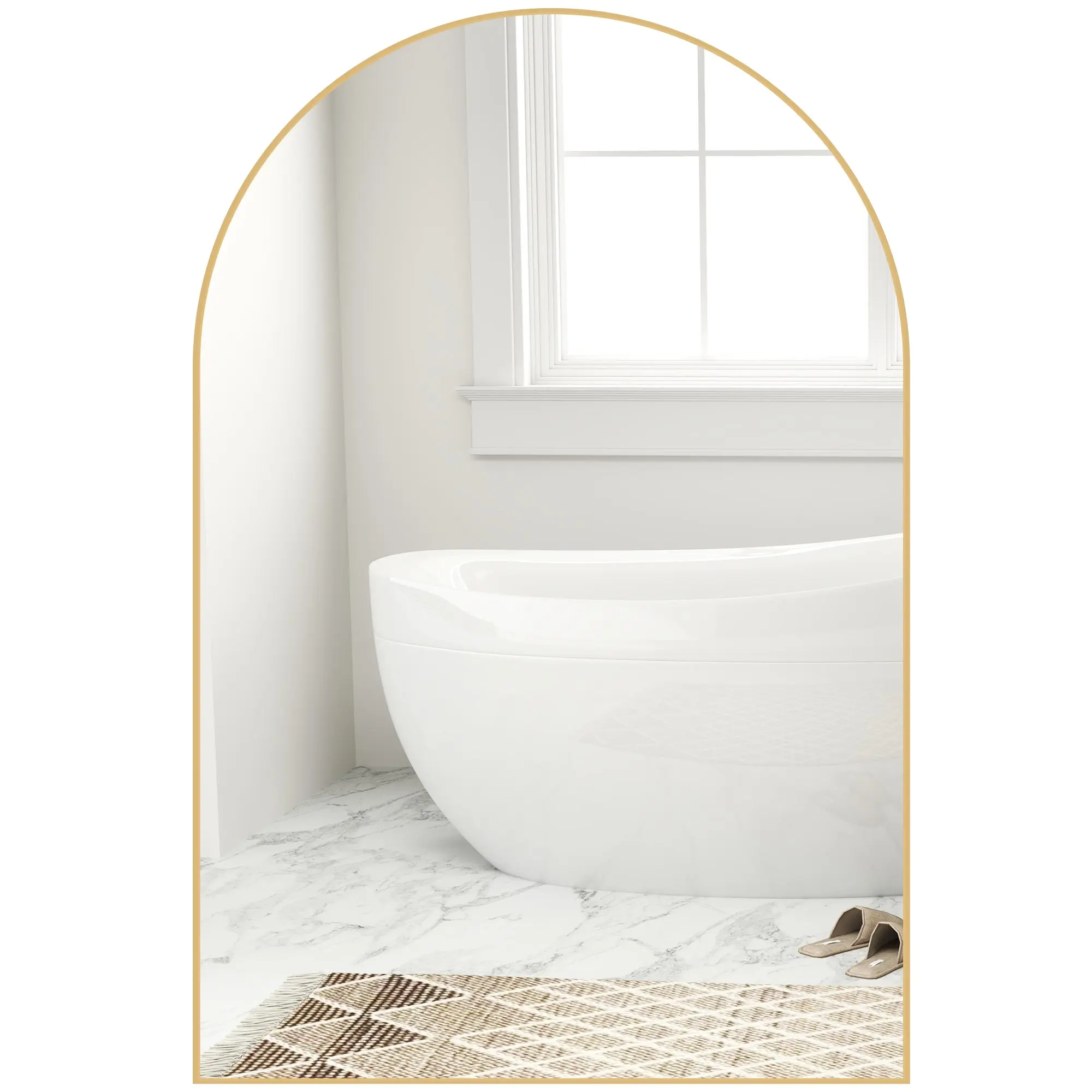 Miroir mural arqué, miroir de salle de bain, 60 x 90 cm, haute définition, avec cadre en alliage d'aluminium, pour chambre, salon, entrée, or