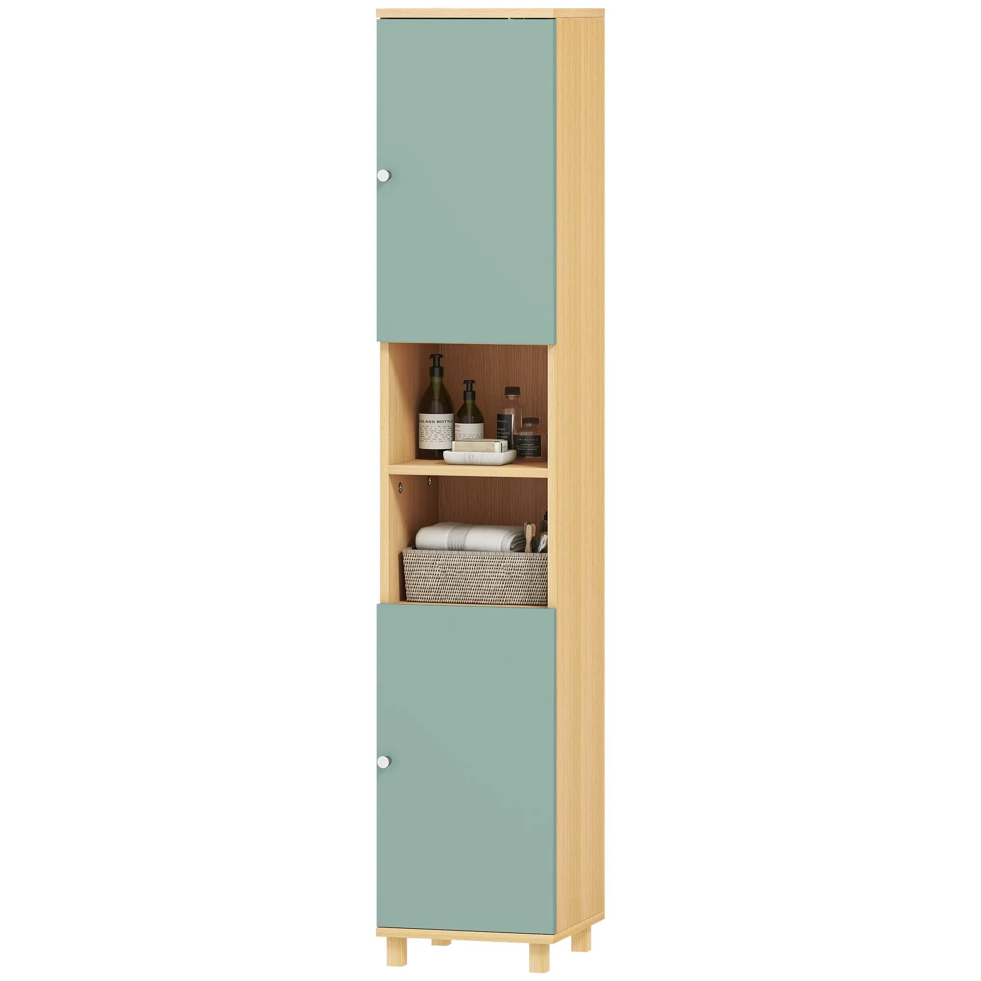 Meuble de salle de bain, meuble de rangement, armoire salle de bain avec 2 placards, 2 compartiments ouverts et étagères réglables, pour salon, petits espaces, 30 x 30 x 166 cm, vert