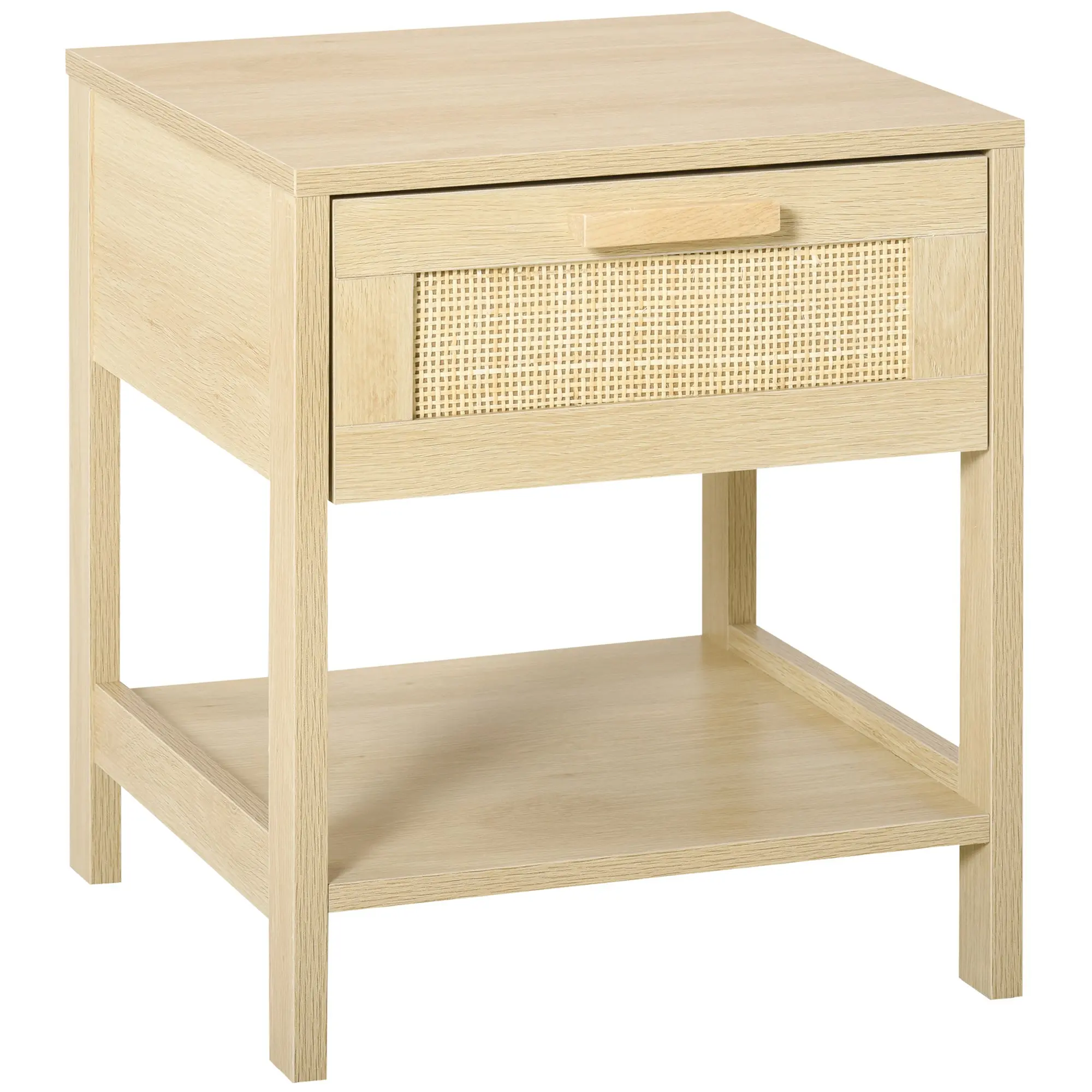 Table de chevet table de nuit avec tiroir et étagère, cannage en rotin, dim. 40L x 40l x 48H cm aspect bois naturel clair