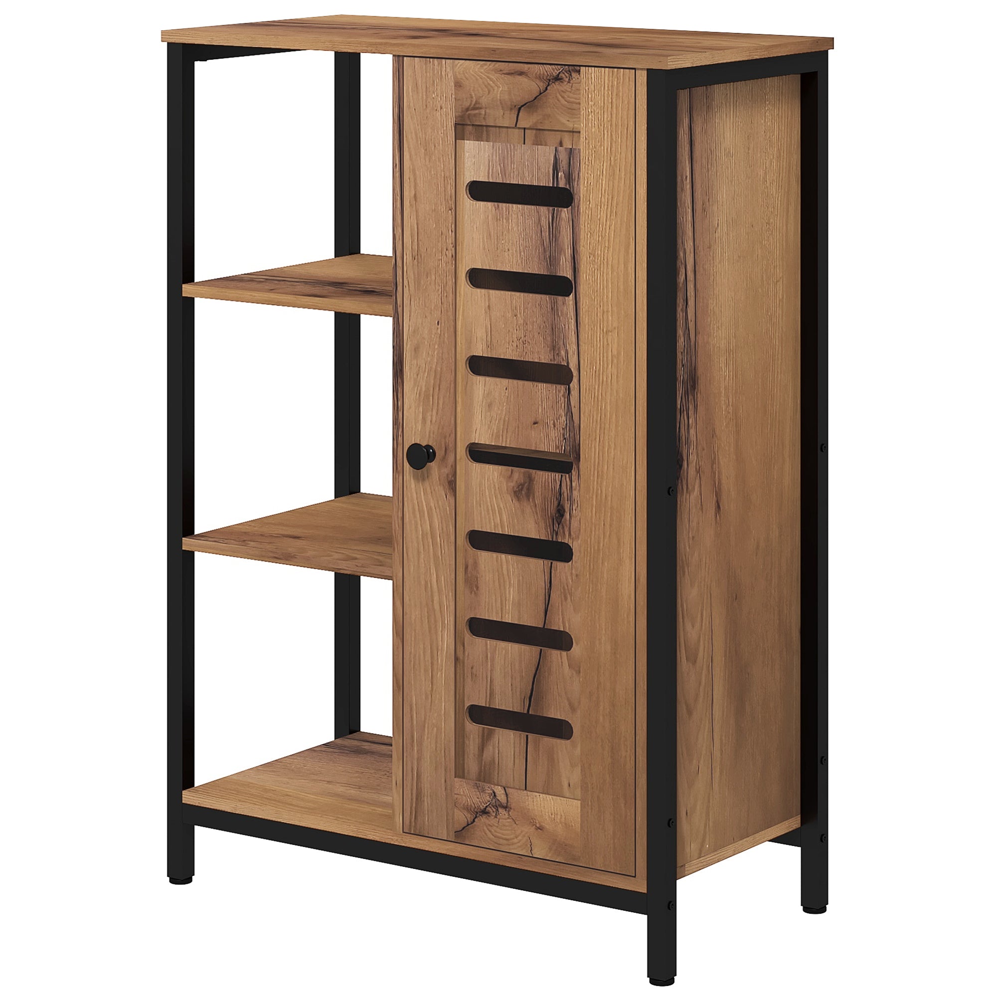 Meuble de salle de bain sur pied, meuble de rangement, design industriel, structure en acier, 3 étagères ouvertes, placard à 2 niveaux, porte à lamelles, 60 x 30 x 85 cm, marron rustique